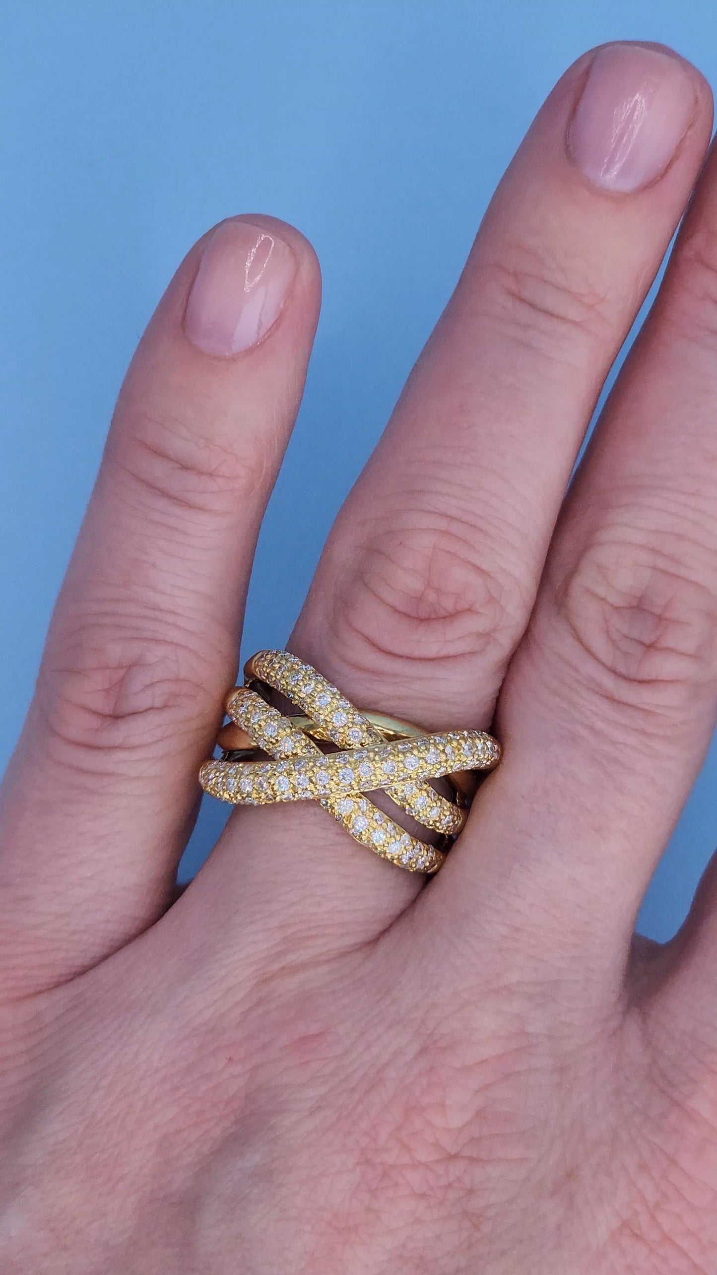 18k Yellow Gold Wide Crossover Pave Diamond Ring – Bold & Elegant Design