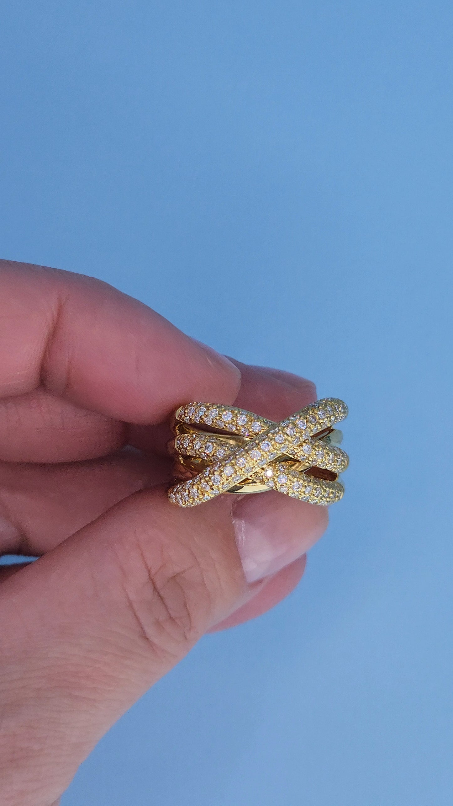 18k Yellow Gold Wide Crossover Pave Diamond Ring – Bold & Elegant Design