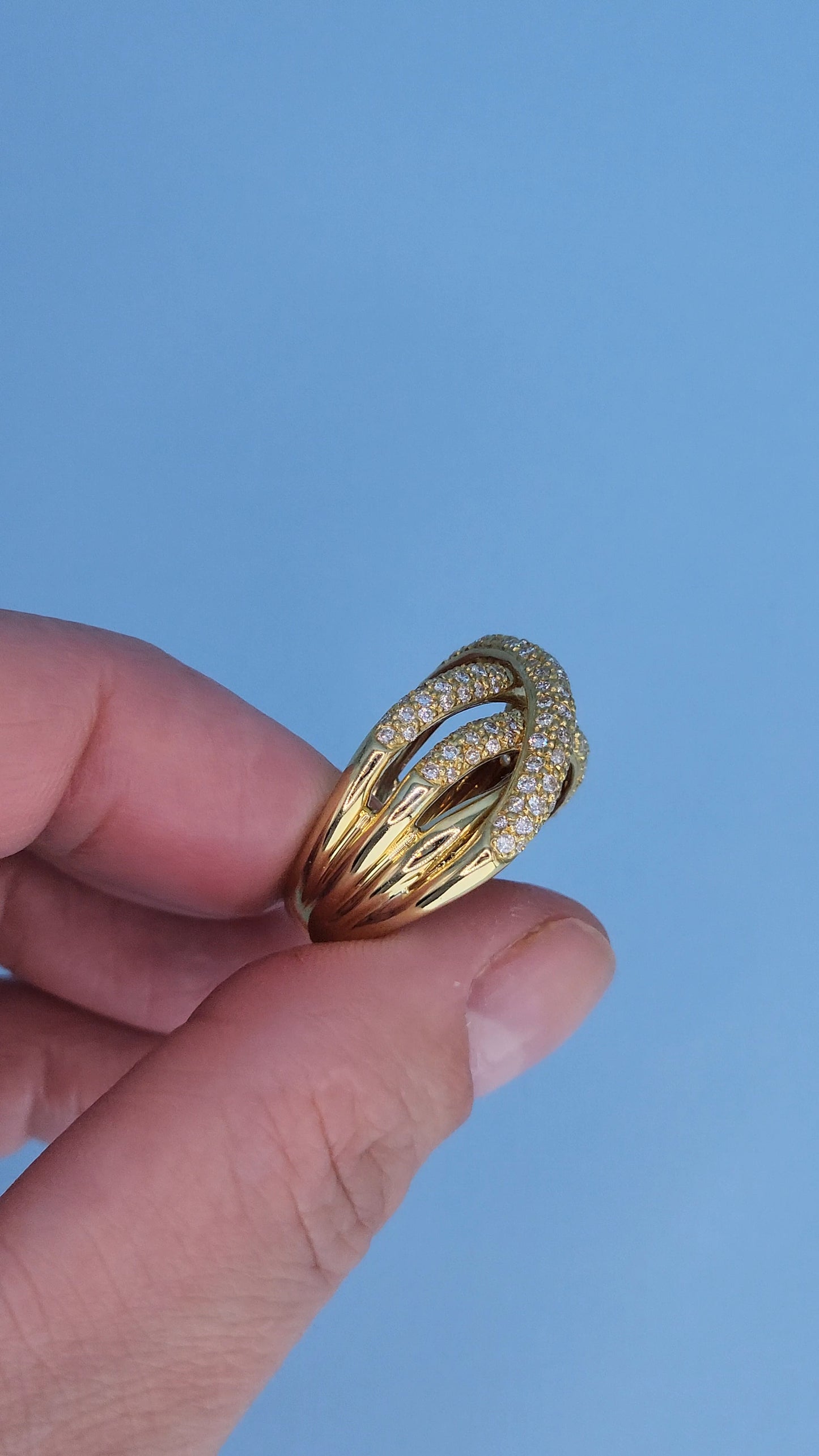 18k Yellow Gold Wide Crossover Pave Diamond Ring – Bold & Elegant Design