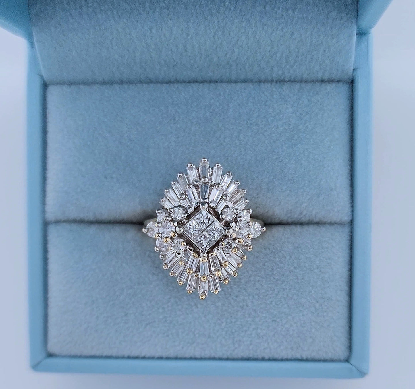 14k Yellow and White Gold Diamond Cocktail Cluster Ring – 1.5 Carat Approx. Princess, Baguette, and Round Diamonds, Statement Cocktail Ring