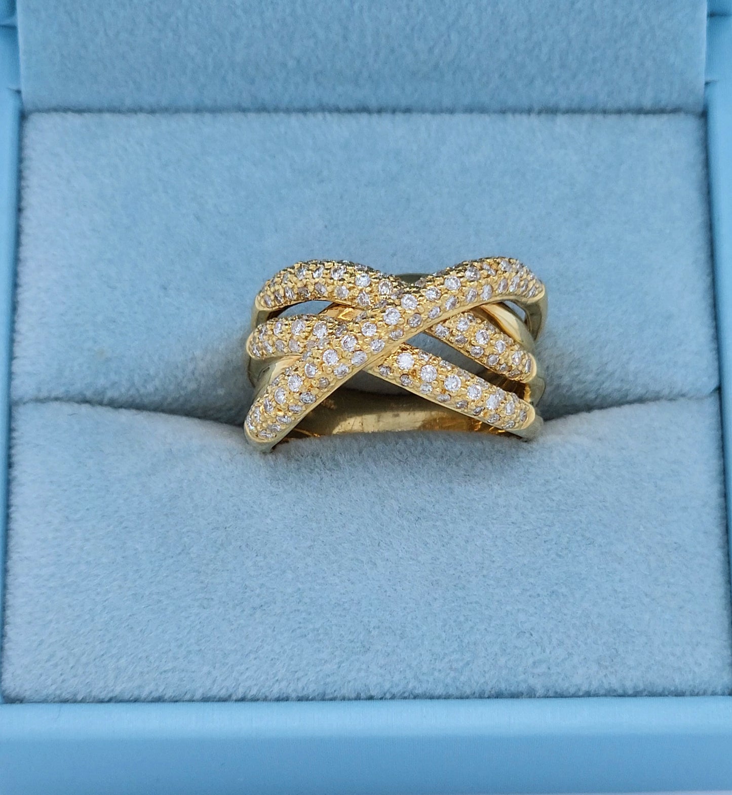 18k Yellow Gold Wide Crossover Pave Diamond Ring – Bold & Elegant Design