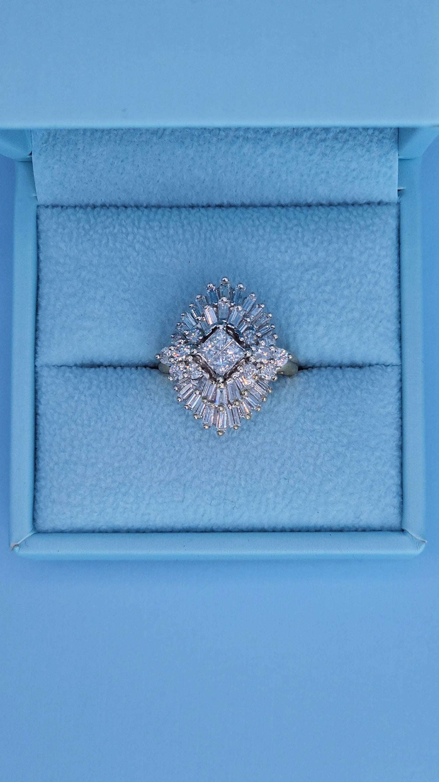 14k Yellow and White Gold Diamond Cocktail Cluster Ring – 1.5 Carat Approx. Princess, Baguette, and Round Diamonds, Statement Cocktail Ring