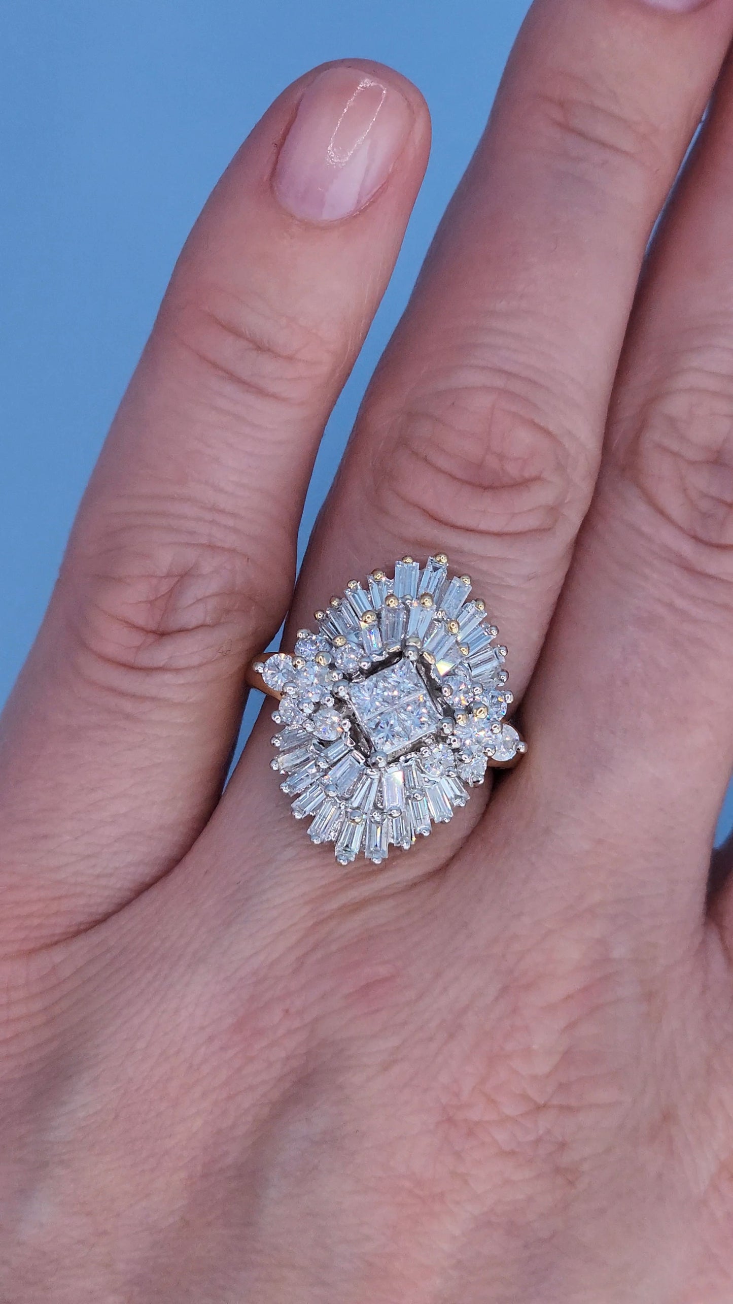 14k Yellow and White Gold Diamond Cocktail Cluster Ring – 1.5 Carat Approx. Princess, Baguette, and Round Diamonds, Statement Cocktail Ring