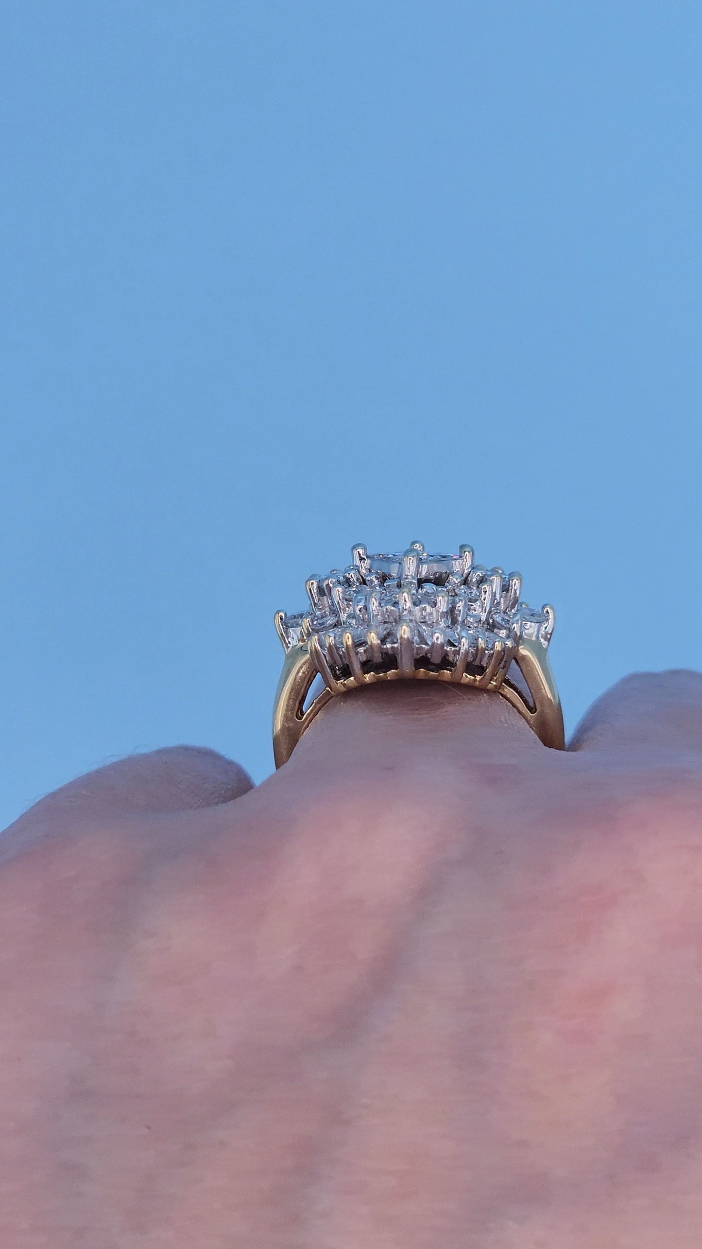 14k Yellow and White Gold Diamond Cocktail Cluster Ring – 1.5 Carat Approx. Princess, Baguette, and Round Diamonds, Statement Cocktail Ring