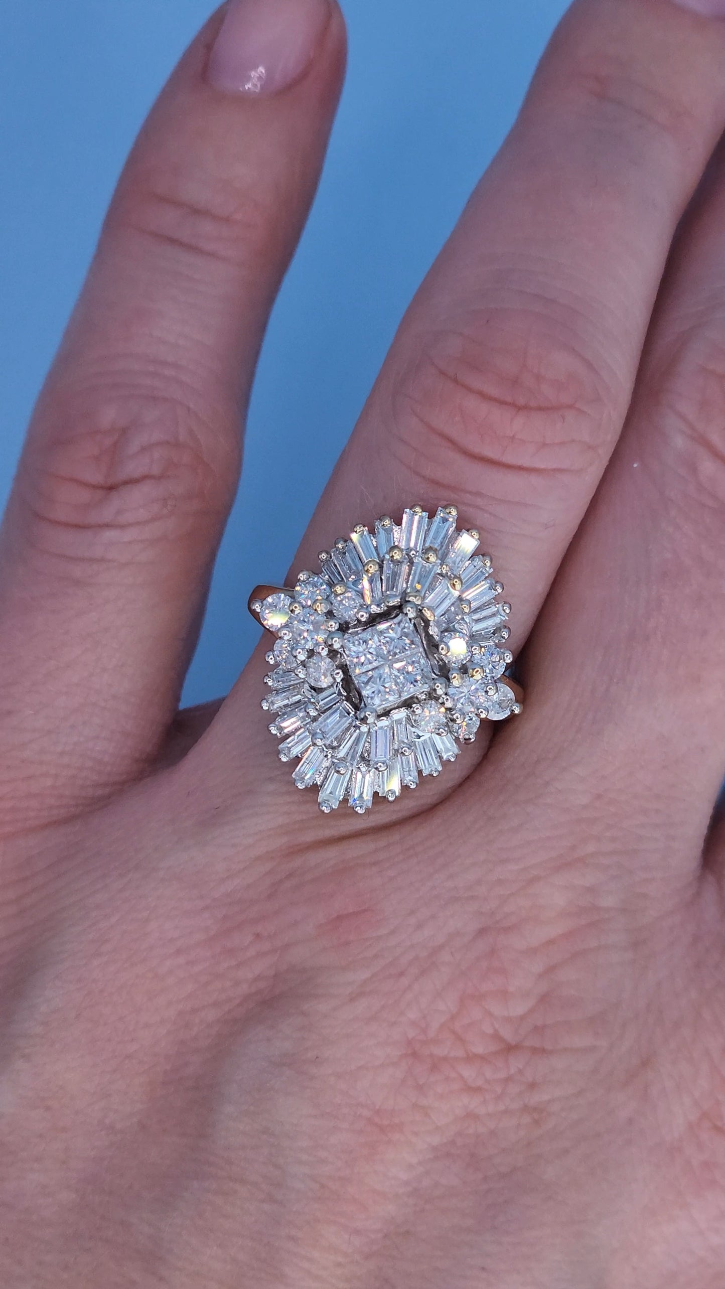 14k Yellow and White Gold Diamond Cocktail Cluster Ring – 1.5 Carat Approx. Princess, Baguette, and Round Diamonds, Statement Cocktail Ring