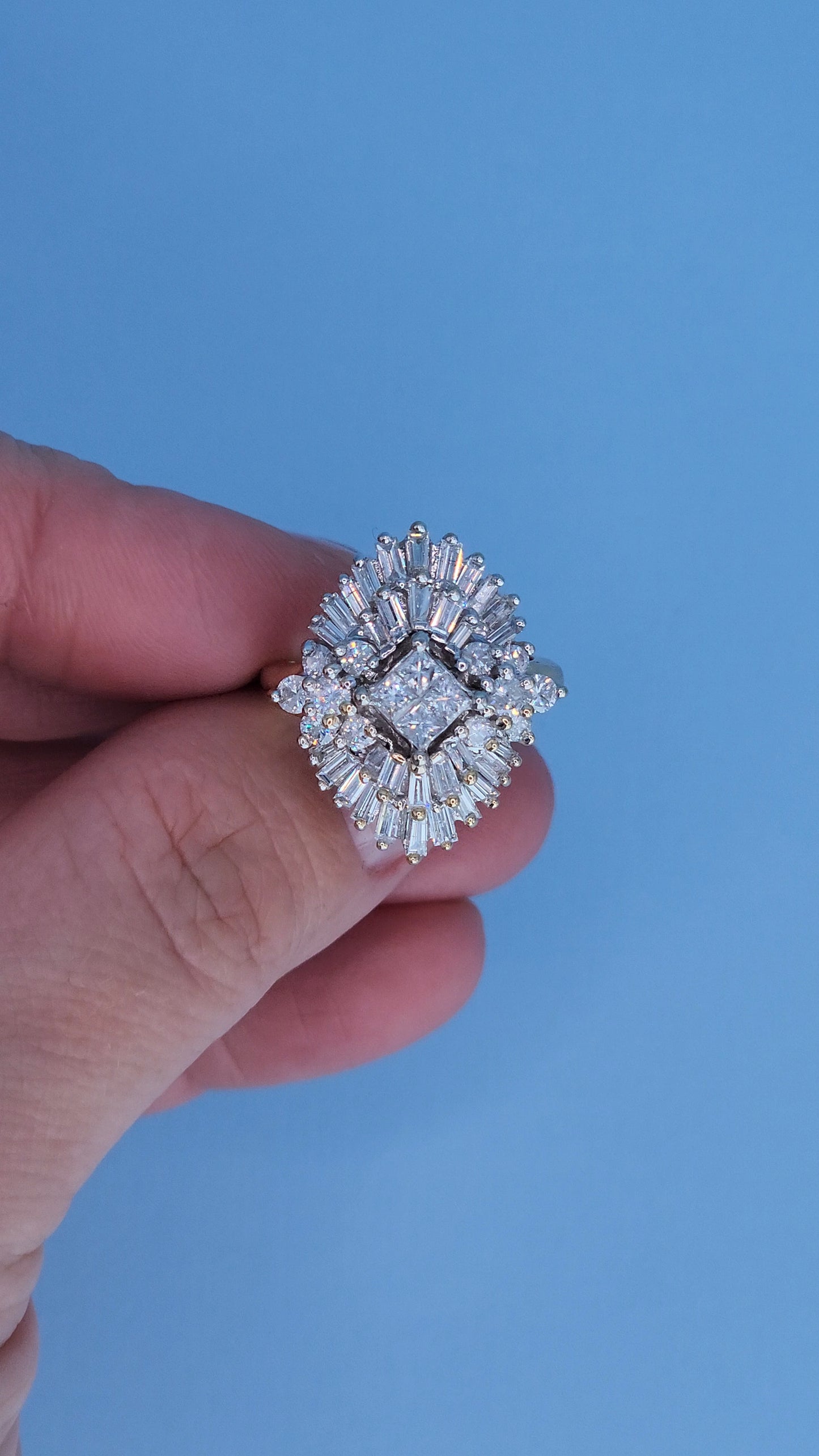 14k Yellow and White Gold Diamond Cocktail Cluster Ring – 1.5 Carat Approx. Princess, Baguette, and Round Diamonds, Statement Cocktail Ring