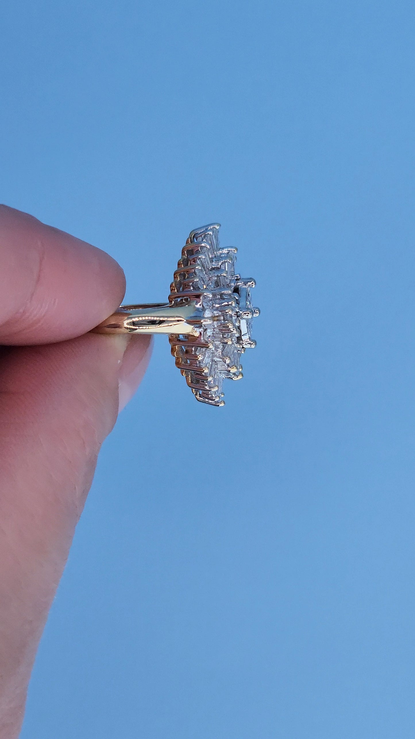 14k Yellow and White Gold Diamond Cocktail Cluster Ring – 1.5 Carat Approx. Princess, Baguette, and Round Diamonds, Statement Cocktail Ring