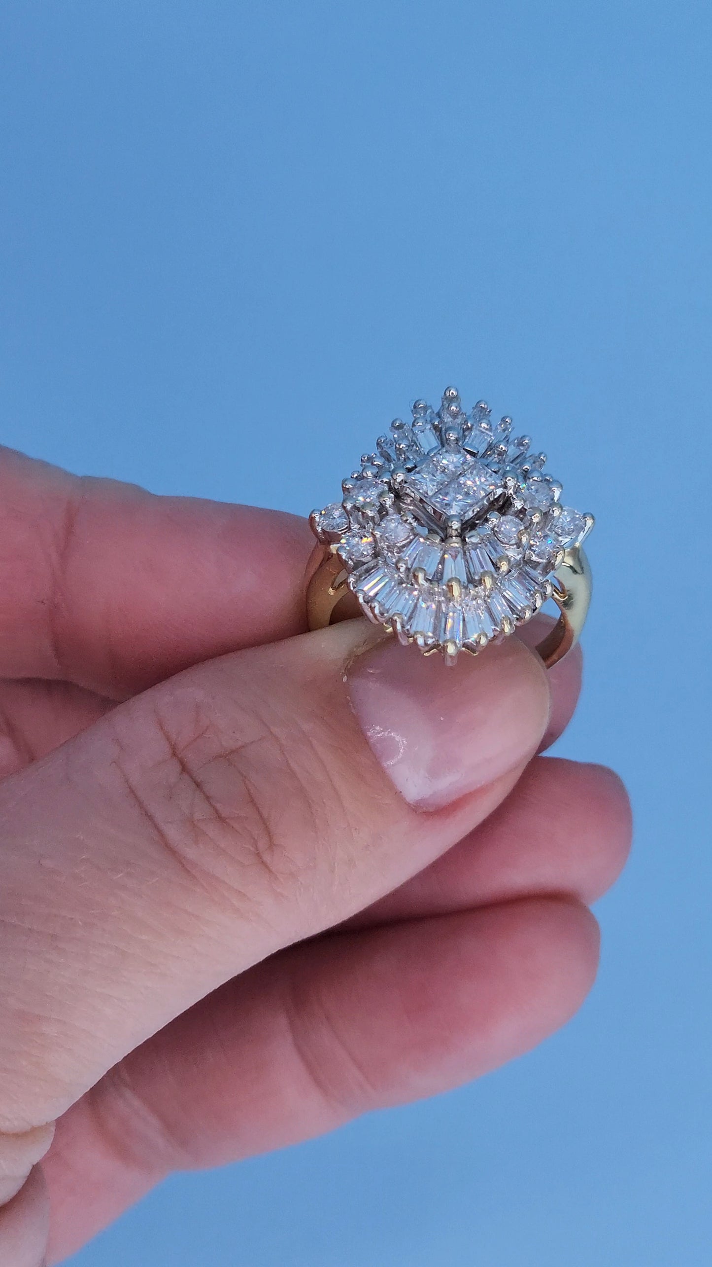 14k Yellow and White Gold Diamond Cocktail Cluster Ring – 1.5 Carat Approx. Princess, Baguette, and Round Diamonds, Statement Cocktail Ring