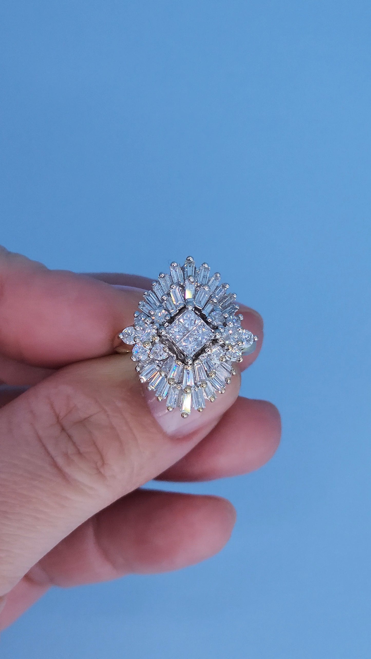 14k Yellow and White Gold Diamond Cocktail Cluster Ring – 1.5 Carat Approx. Princess, Baguette, and Round Diamonds, Statement Cocktail Ring