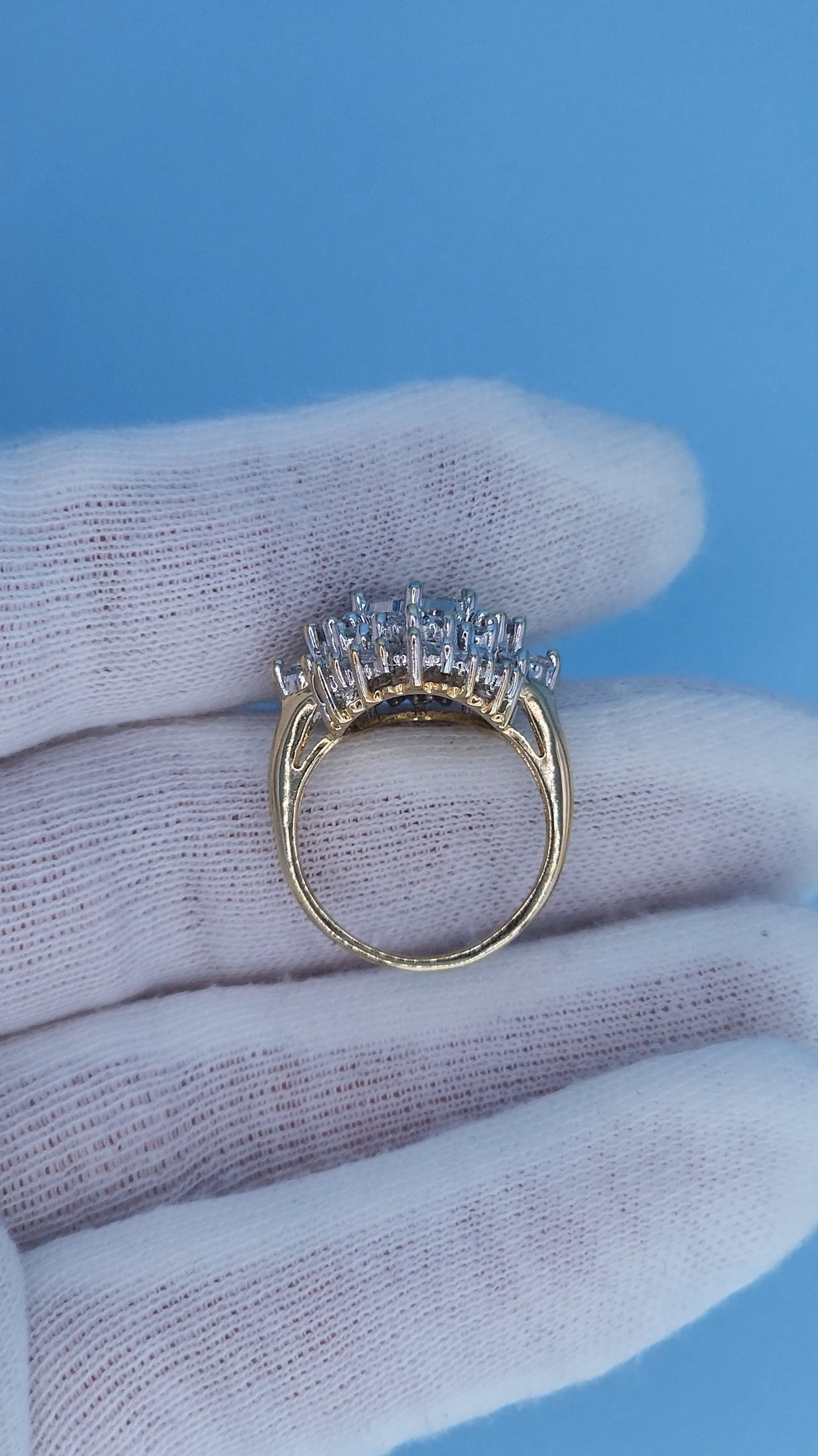 14k Yellow and White Gold Diamond Cocktail Cluster Ring – 1.5 Carat Approx. Princess, Baguette, and Round Diamonds, Statement Cocktail Ring