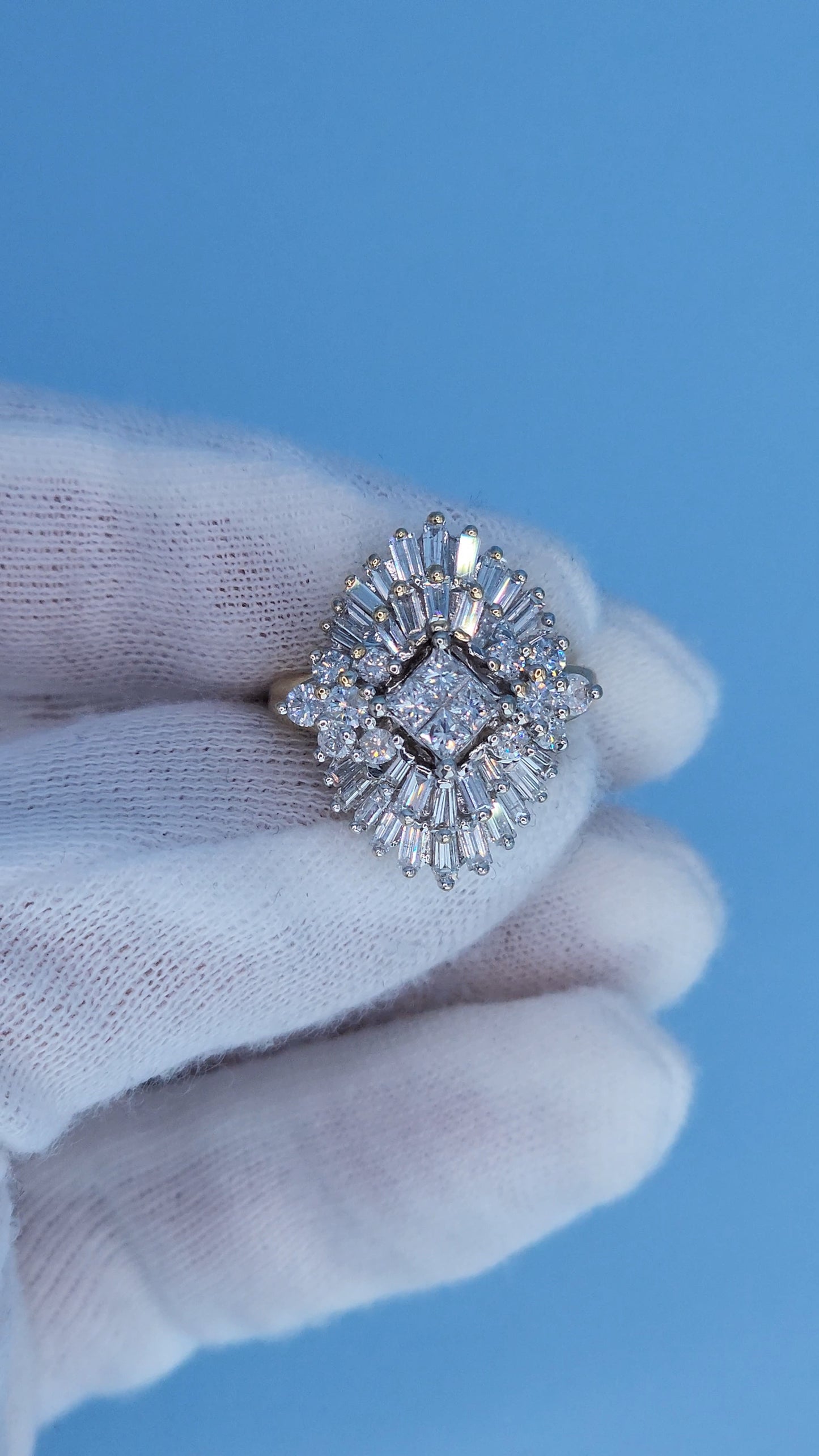 14k Yellow and White Gold Diamond Cocktail Cluster Ring – 1.5 Carat Approx. Princess, Baguette, and Round Diamonds, Statement Cocktail Ring
