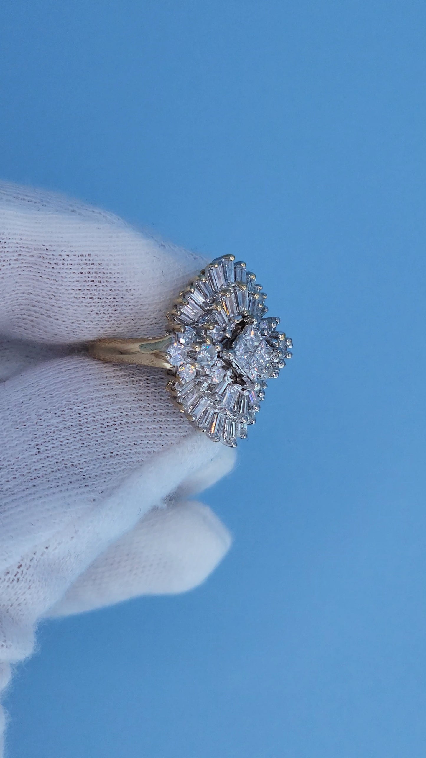 14k Yellow and White Gold Diamond Cocktail Cluster Ring – 1.5 Carat Approx. Princess, Baguette, and Round Diamonds, Statement Cocktail Ring