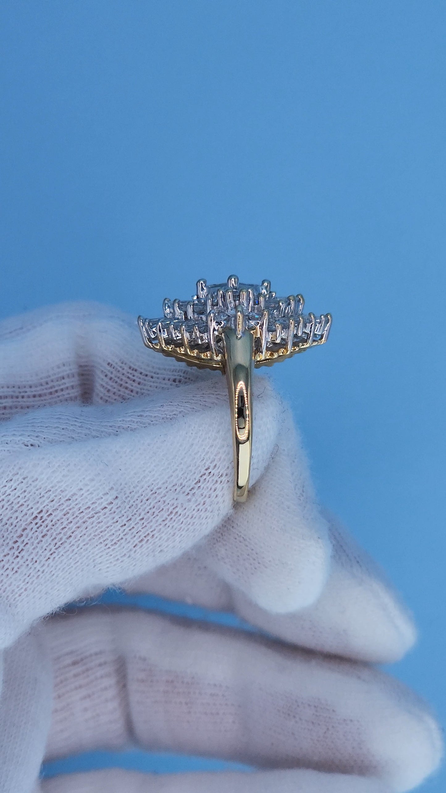 14k Yellow and White Gold Diamond Cocktail Cluster Ring – 1.5 Carat Approx. Princess, Baguette, and Round Diamonds, Statement Cocktail Ring