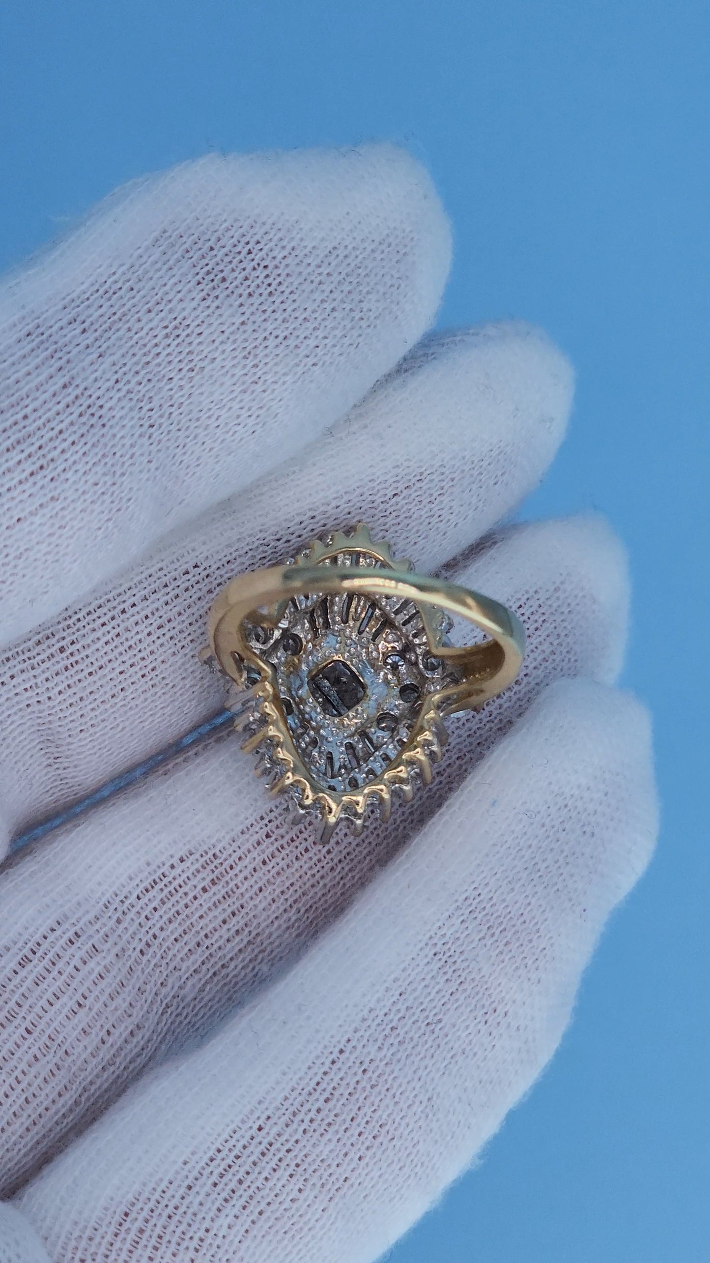 14k Yellow and White Gold Diamond Cocktail Cluster Ring – 1.5 Carat Approx. Princess, Baguette, and Round Diamonds, Statement Cocktail Ring