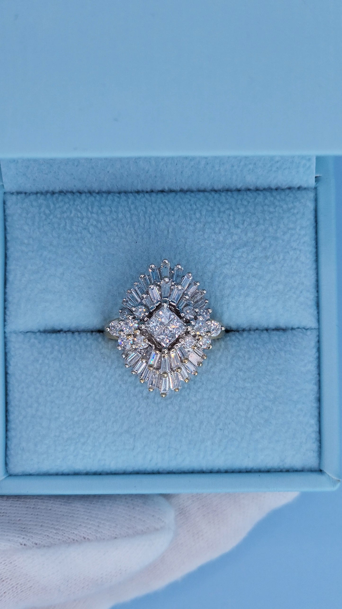 14k Yellow and White Gold Diamond Cocktail Cluster Ring – 1.5 Carat Approx. Princess, Baguette, and Round Diamonds, Statement Cocktail Ring