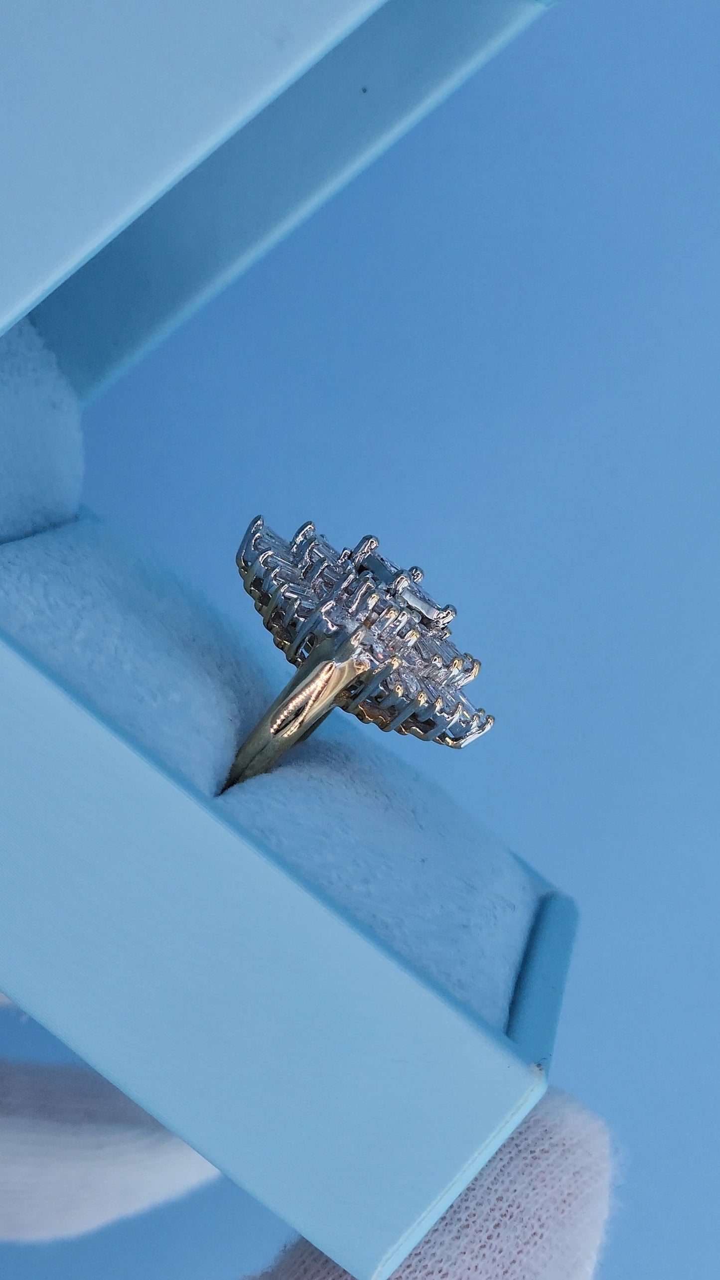 14k Yellow and White Gold Diamond Cocktail Cluster Ring – 1.5 Carat Approx. Princess, Baguette, and Round Diamonds, Statement Cocktail Ring