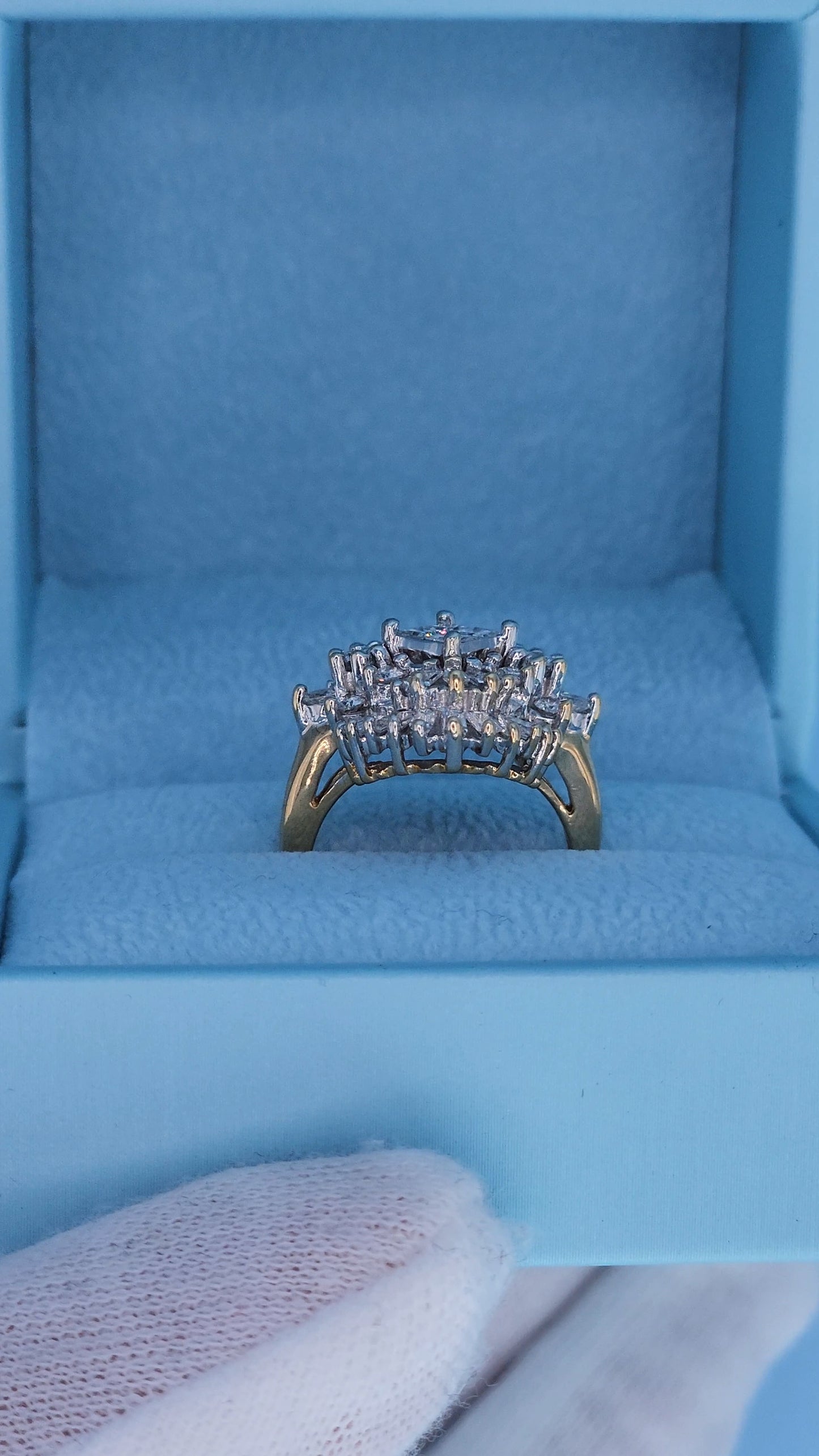 14k Yellow and White Gold Diamond Cocktail Cluster Ring – 1.5 Carat Approx. Princess, Baguette, and Round Diamonds, Statement Cocktail Ring