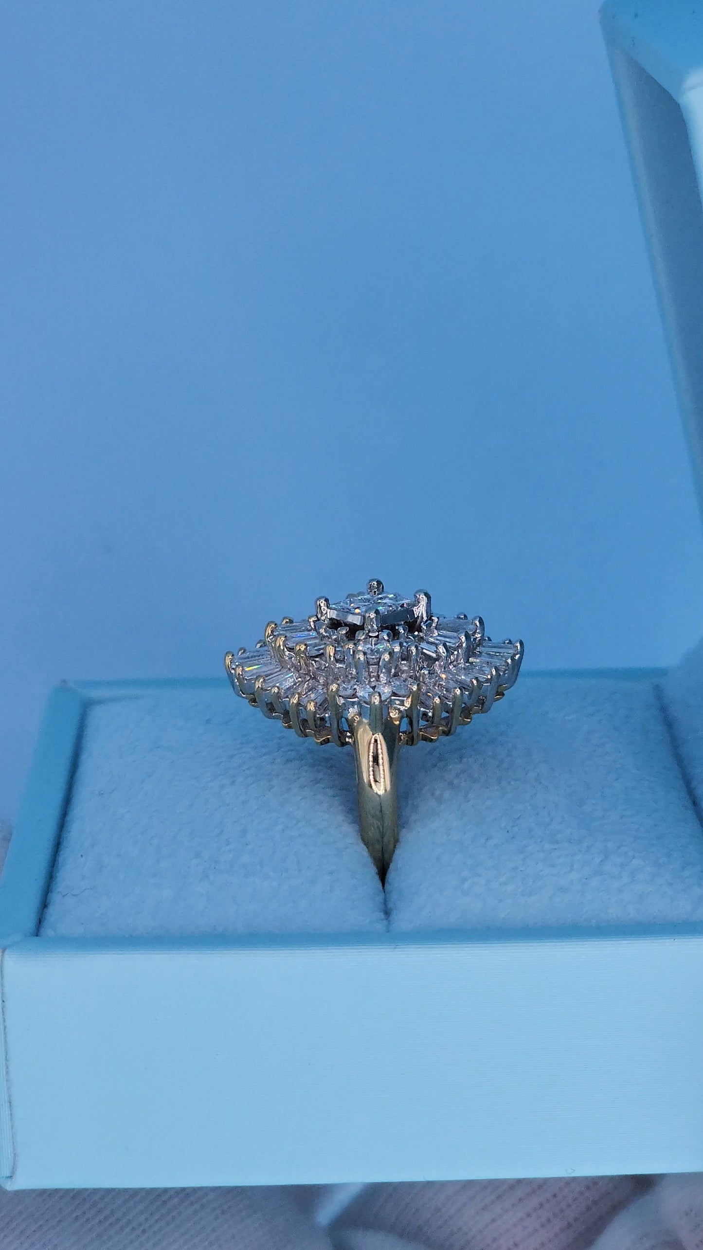 14k Yellow and White Gold Diamond Cocktail Cluster Ring – 1.5 Carat Approx. Princess, Baguette, and Round Diamonds, Statement Cocktail Ring