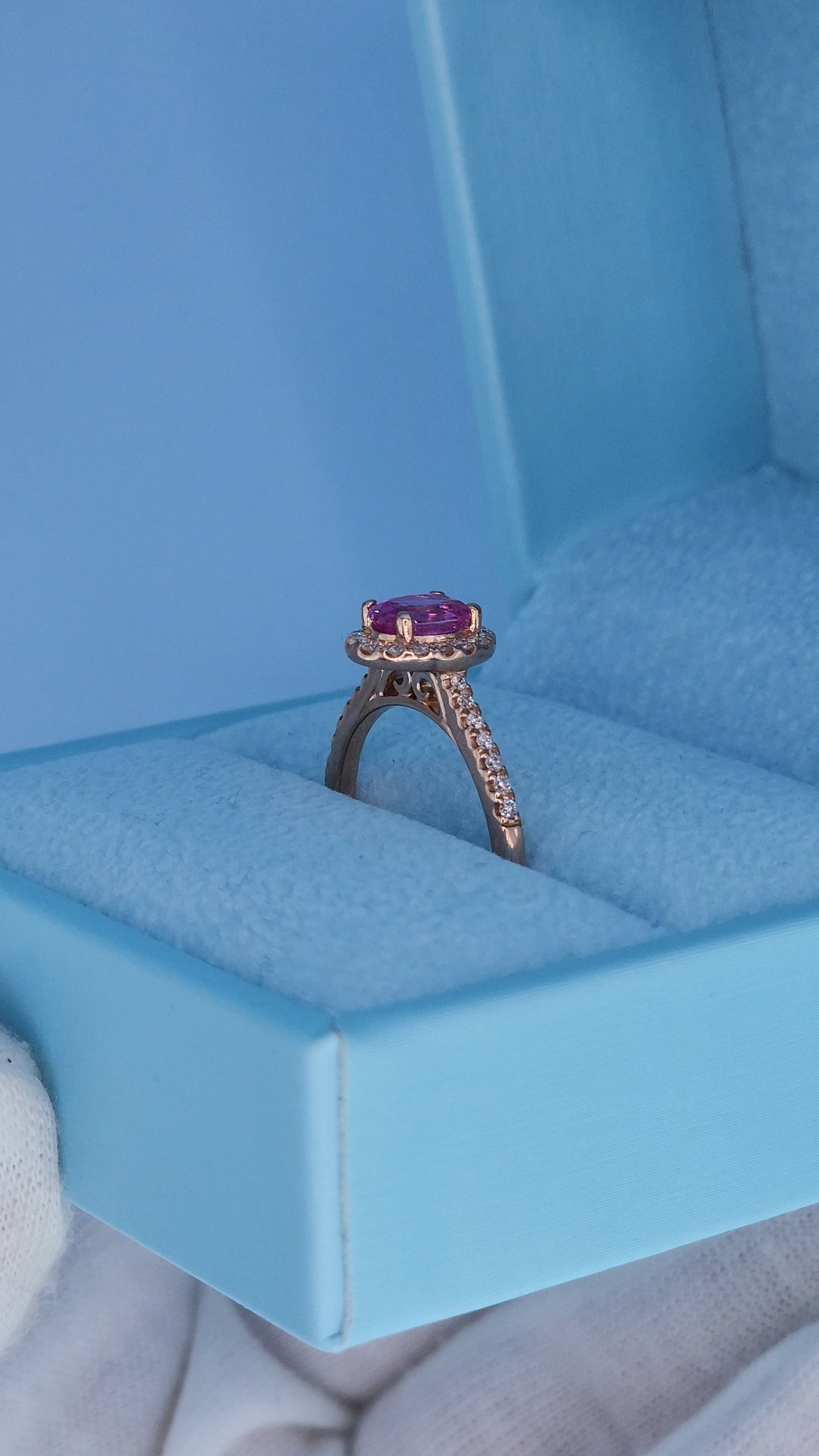 14k Rose Gold Pink Sapphire Halo Ring – Oval Cut 0.94 Carat September Birthstone Ring with Diamonds, Alternative Engagement Ring
