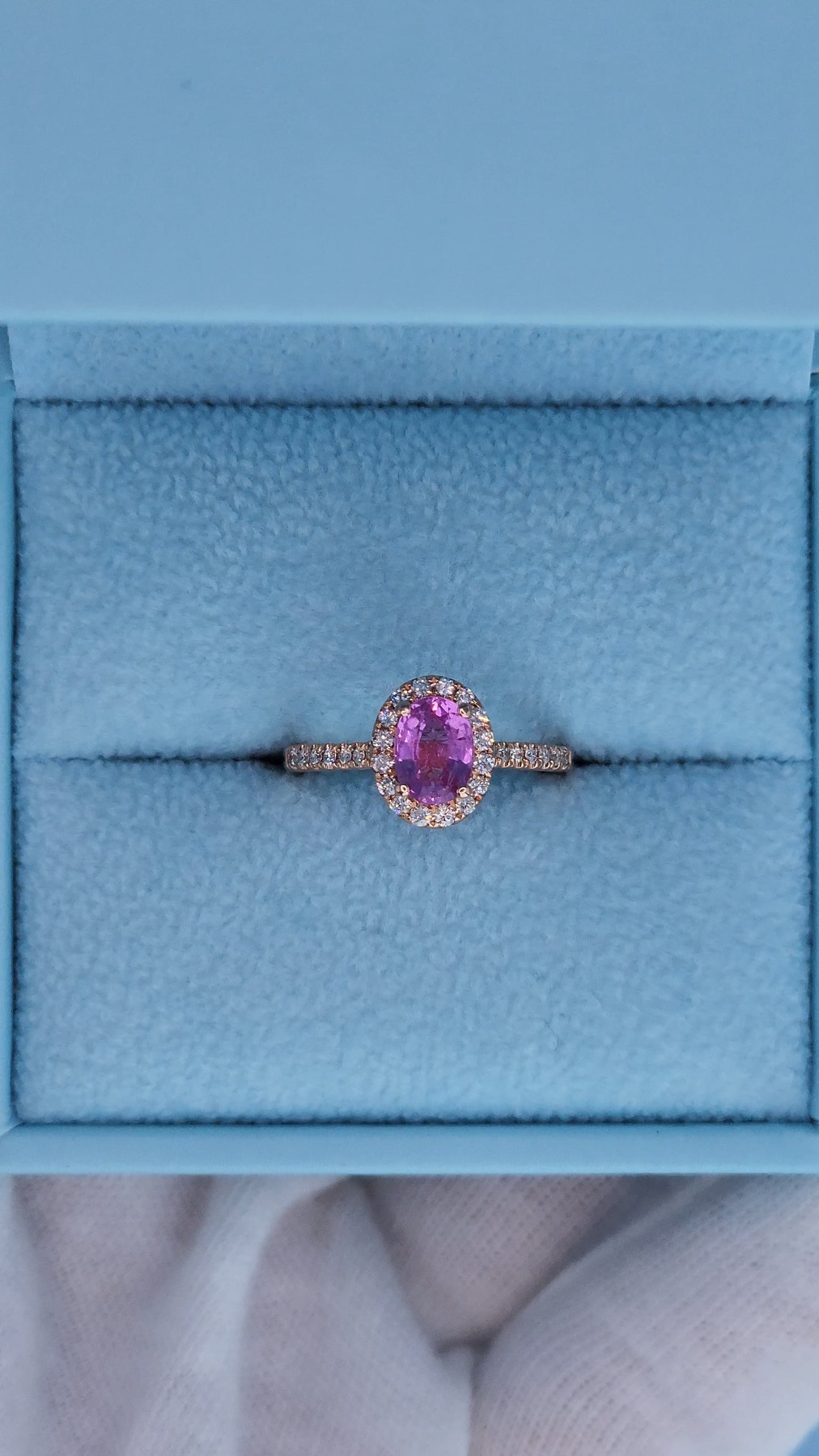 14k Rose Gold Pink Sapphire Halo Ring – Oval Cut 0.94 Carat September Birthstone Ring with Diamonds, Alternative Engagement Ring