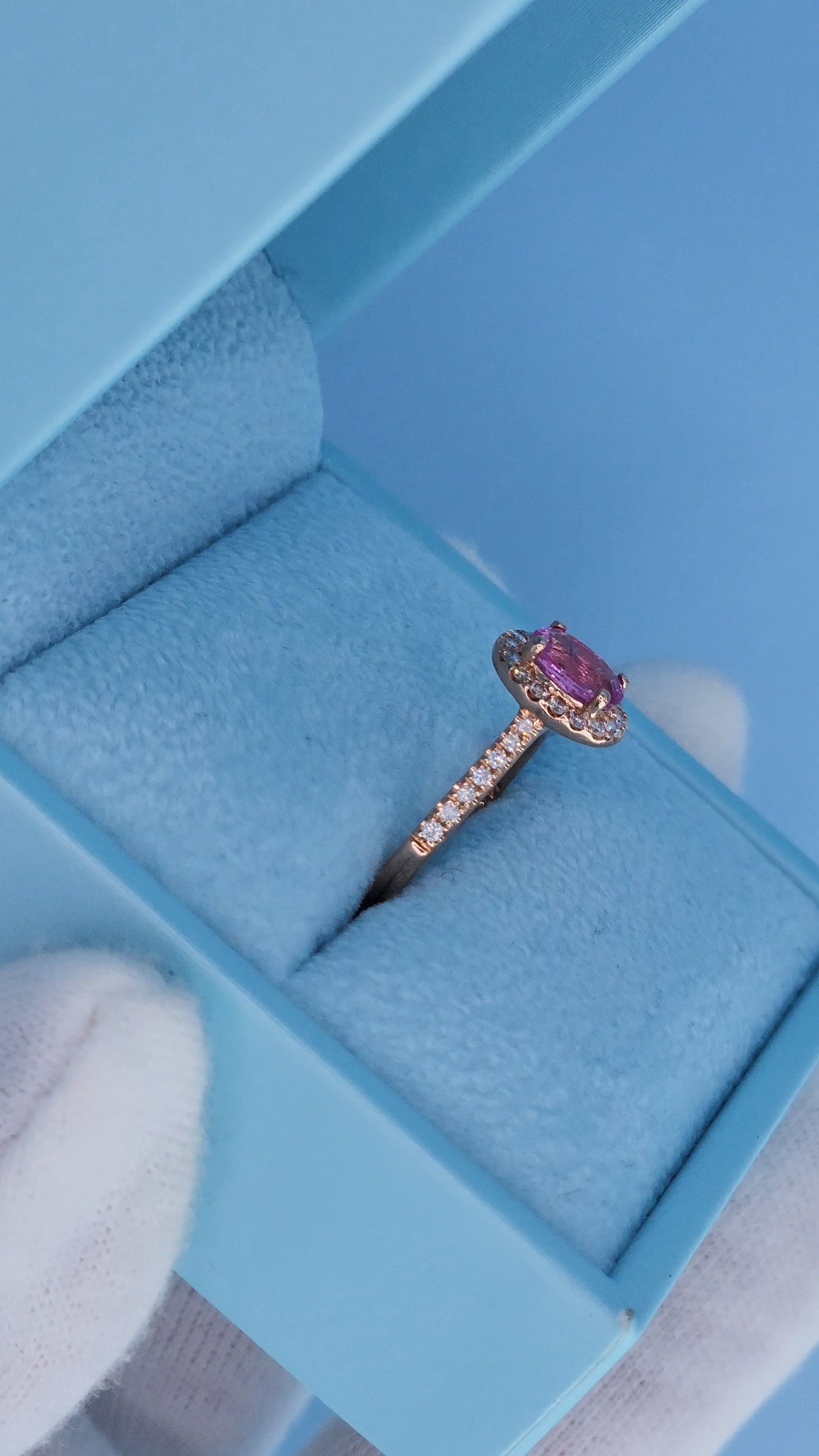 14k Rose Gold Pink Sapphire Halo Ring – Oval Cut 0.94 Carat September Birthstone Ring with Diamonds, Alternative Engagement Ring