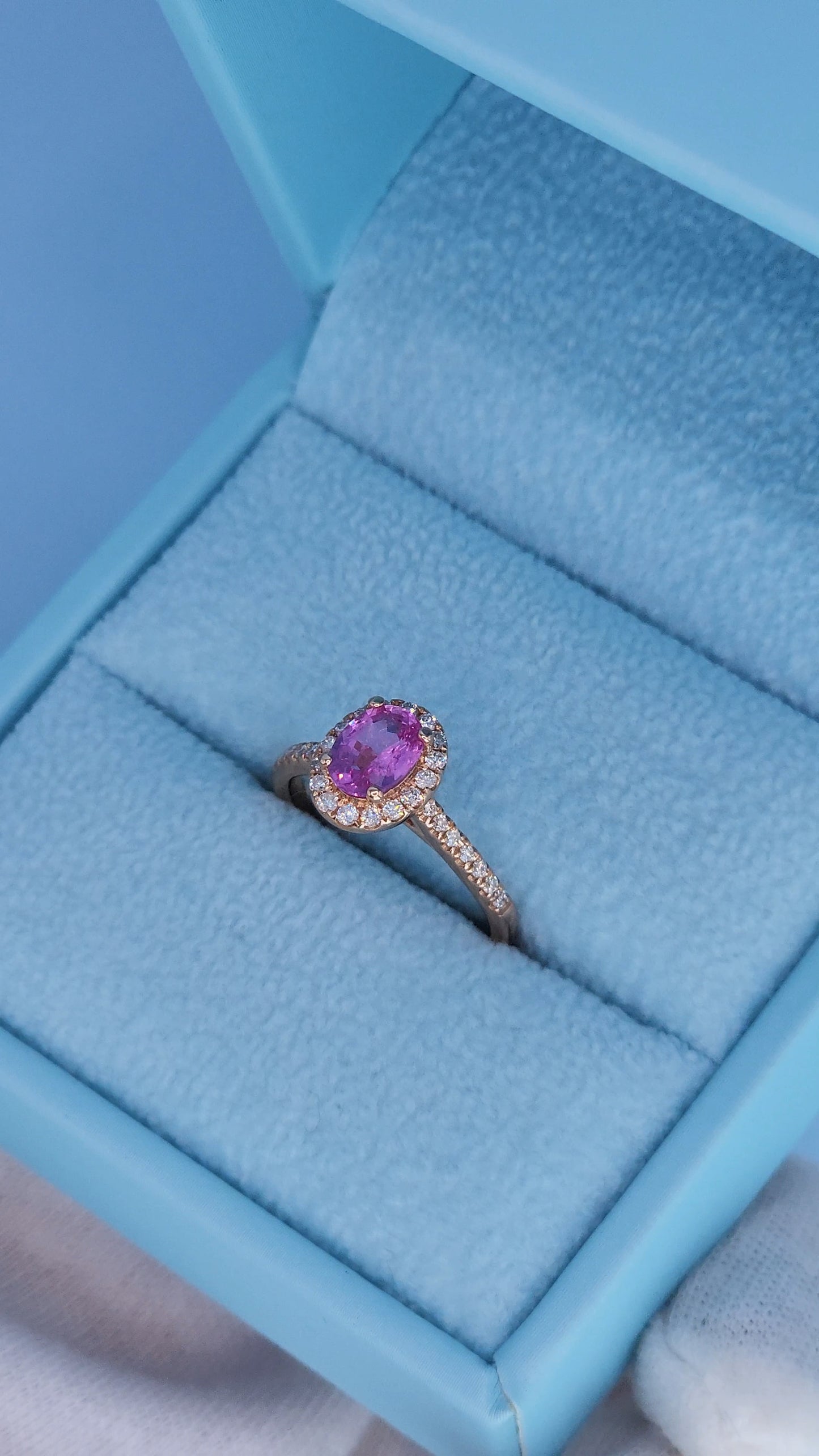 14k Rose Gold Pink Sapphire Halo Ring – Oval Cut 0.94 Carat September Birthstone Ring with Diamonds, Alternative Engagement Ring