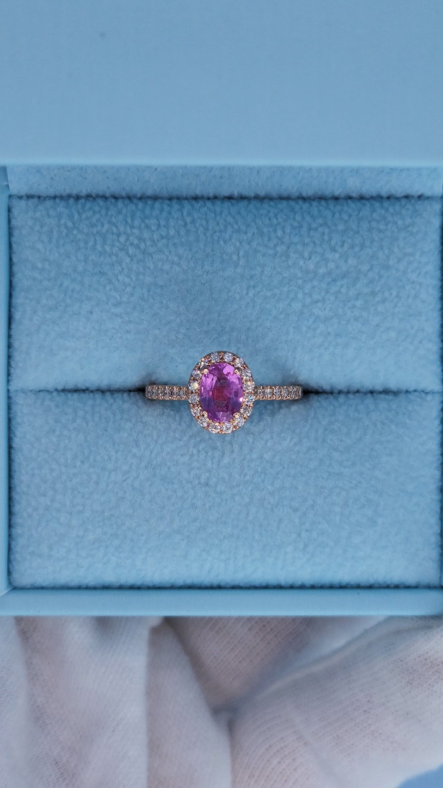 14k Rose Gold Pink Sapphire Halo Ring – Oval Cut 0.94 Carat September Birthstone Ring with Diamonds, Alternative Engagement Ring