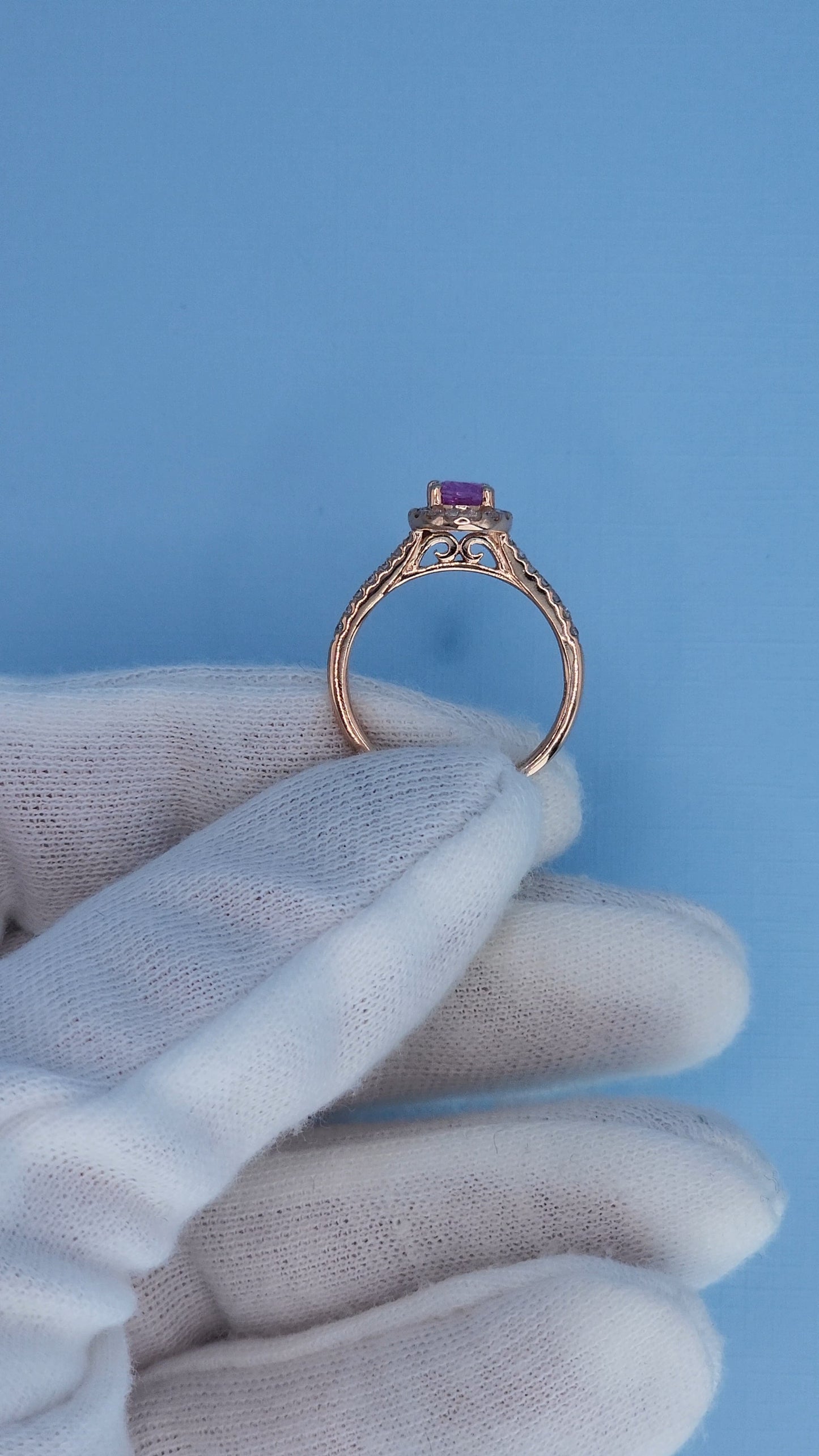 14k Rose Gold Pink Sapphire Halo Ring – Oval Cut 0.94 Carat September Birthstone Ring with Diamonds, Alternative Engagement Ring
