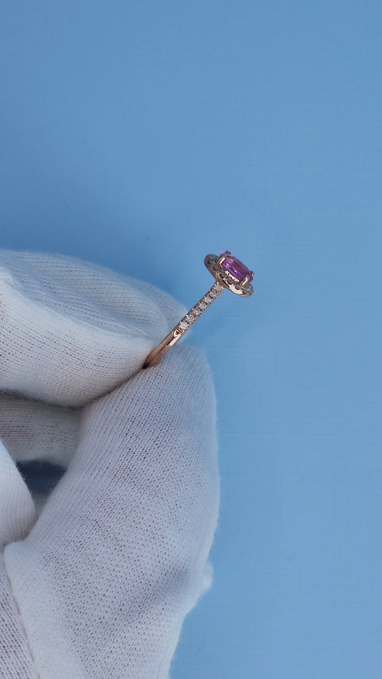 14k Rose Gold Pink Sapphire Halo Ring – Oval Cut 0.94 Carat September Birthstone Ring with Diamonds, Alternative Engagement Ring