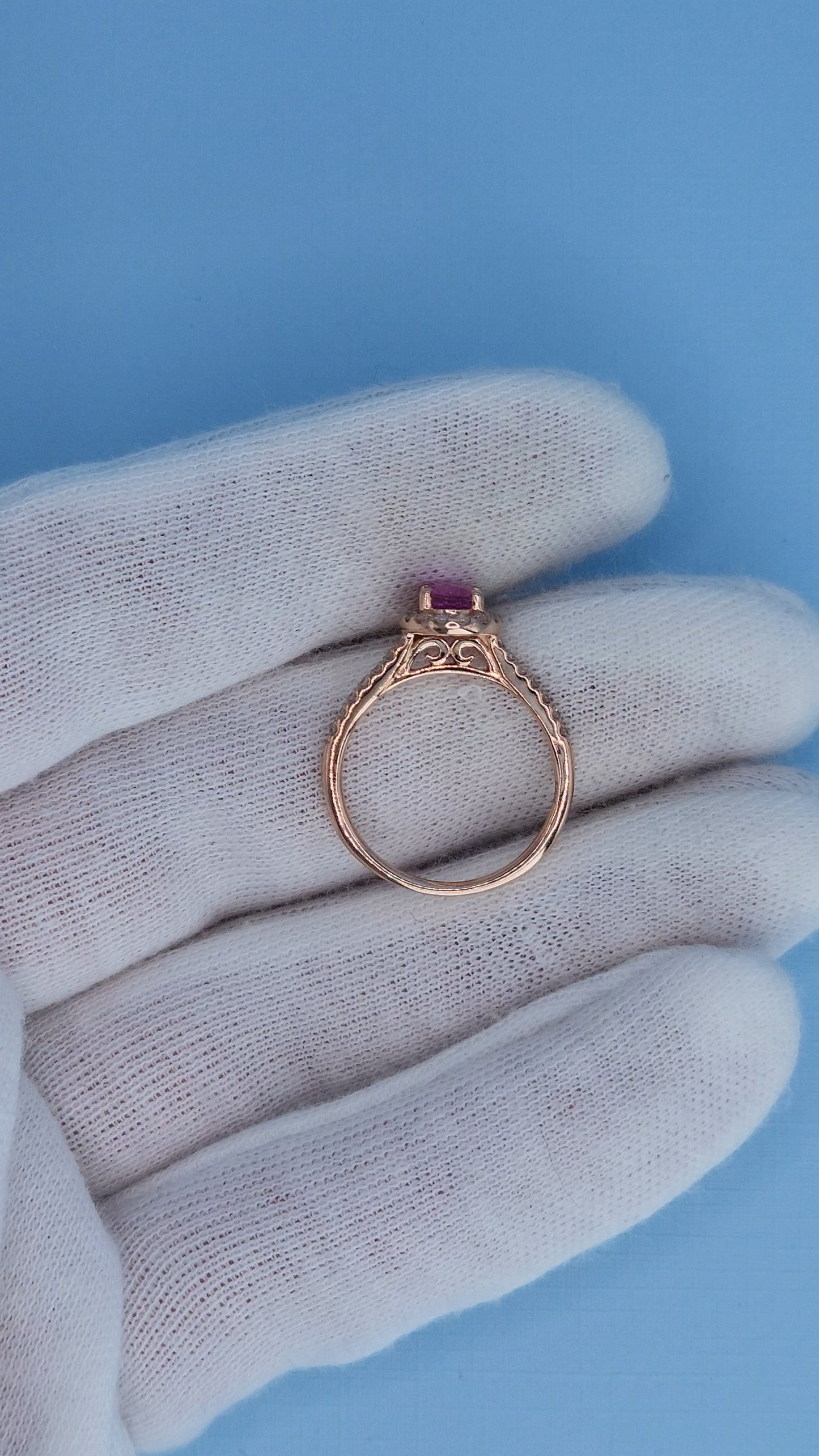 14k Rose Gold Pink Sapphire Halo Ring – Oval Cut 0.94 Carat September Birthstone Ring with Diamonds, Alternative Engagement Ring