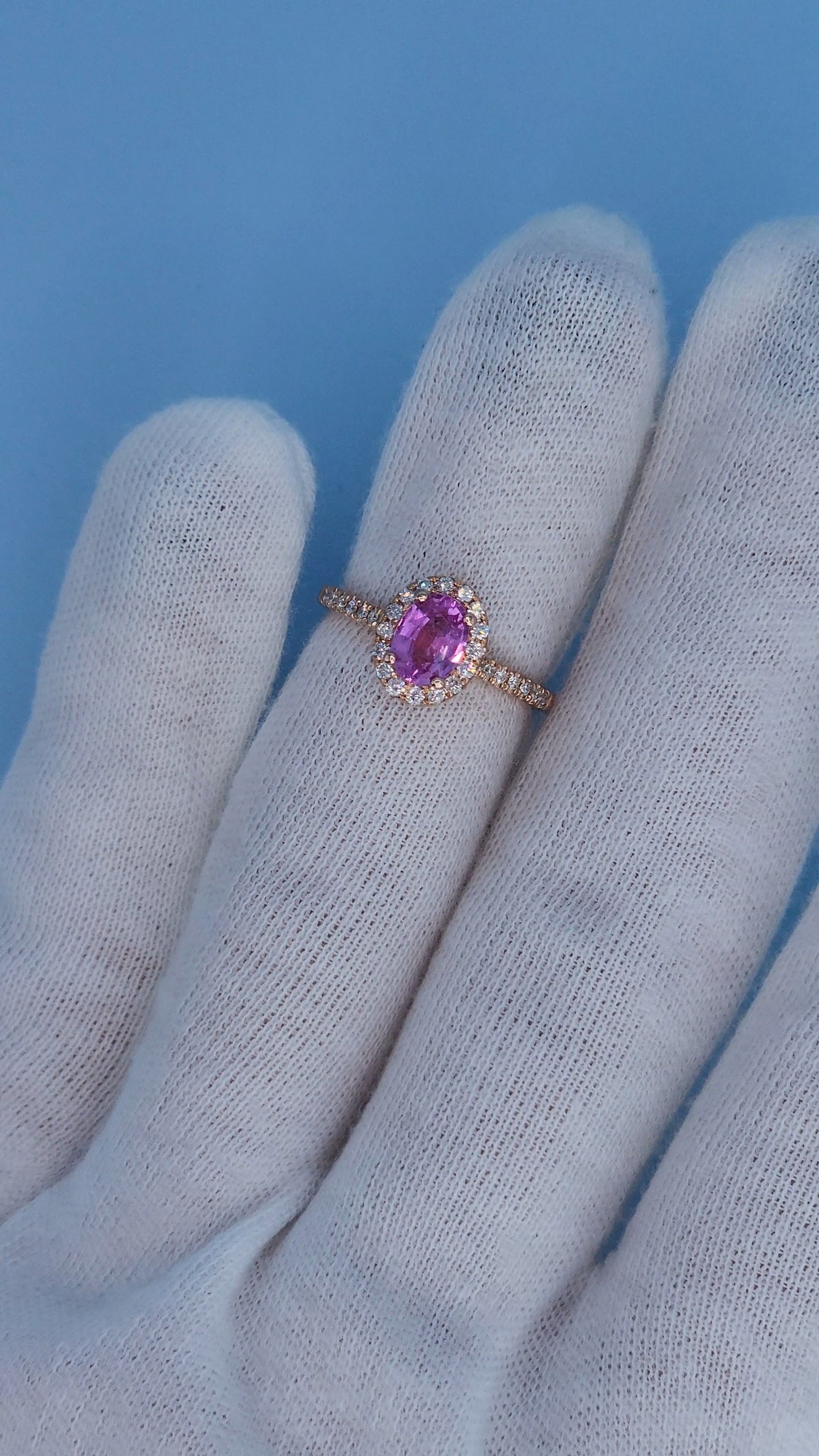 14k Rose Gold Pink Sapphire Halo Ring – Oval Cut 0.94 Carat September Birthstone Ring with Diamonds, Alternative Engagement Ring