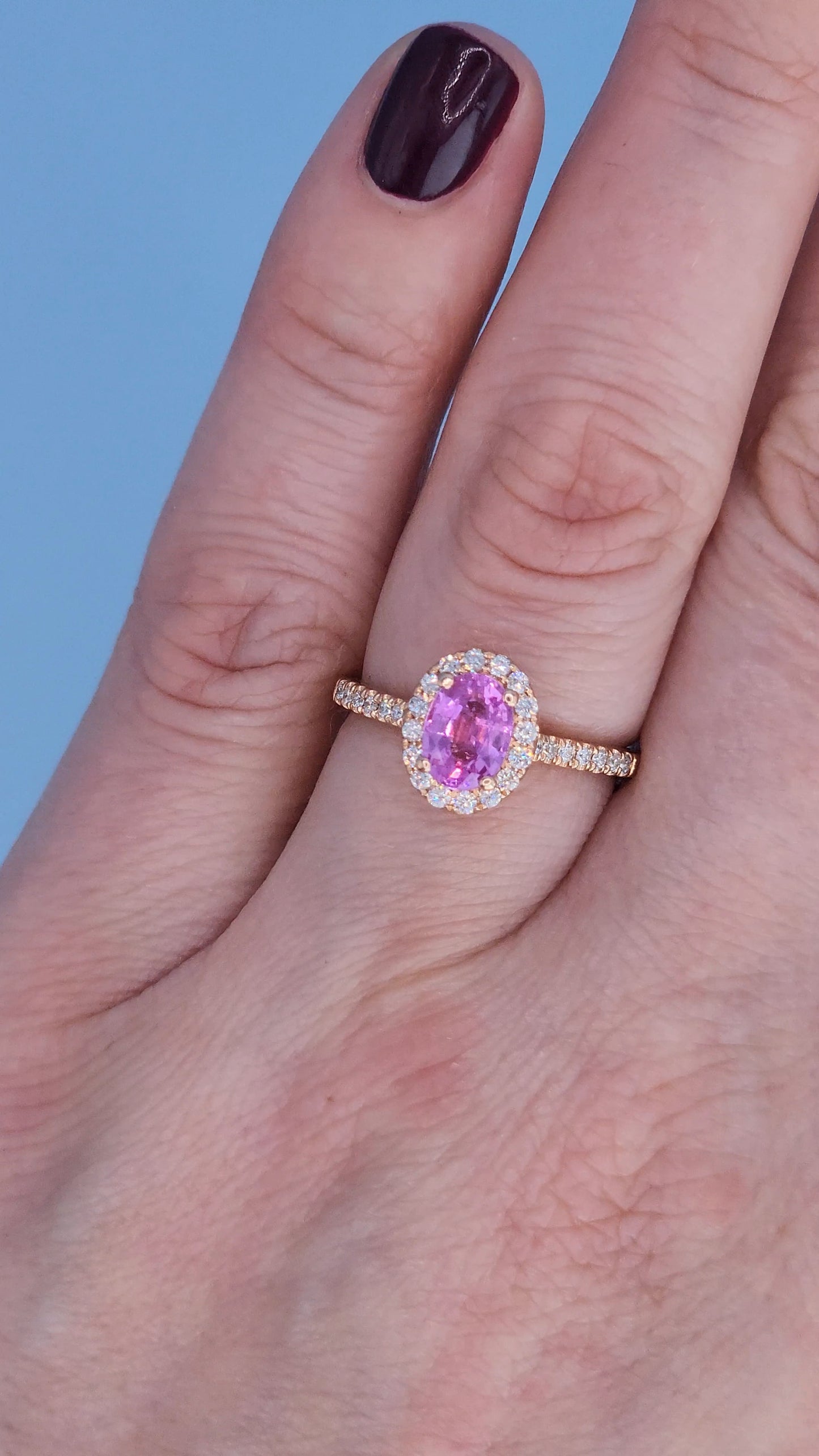 14k Rose Gold Pink Sapphire Halo Ring – Oval Cut 0.94 Carat September Birthstone Ring with Diamonds, Alternative Engagement Ring