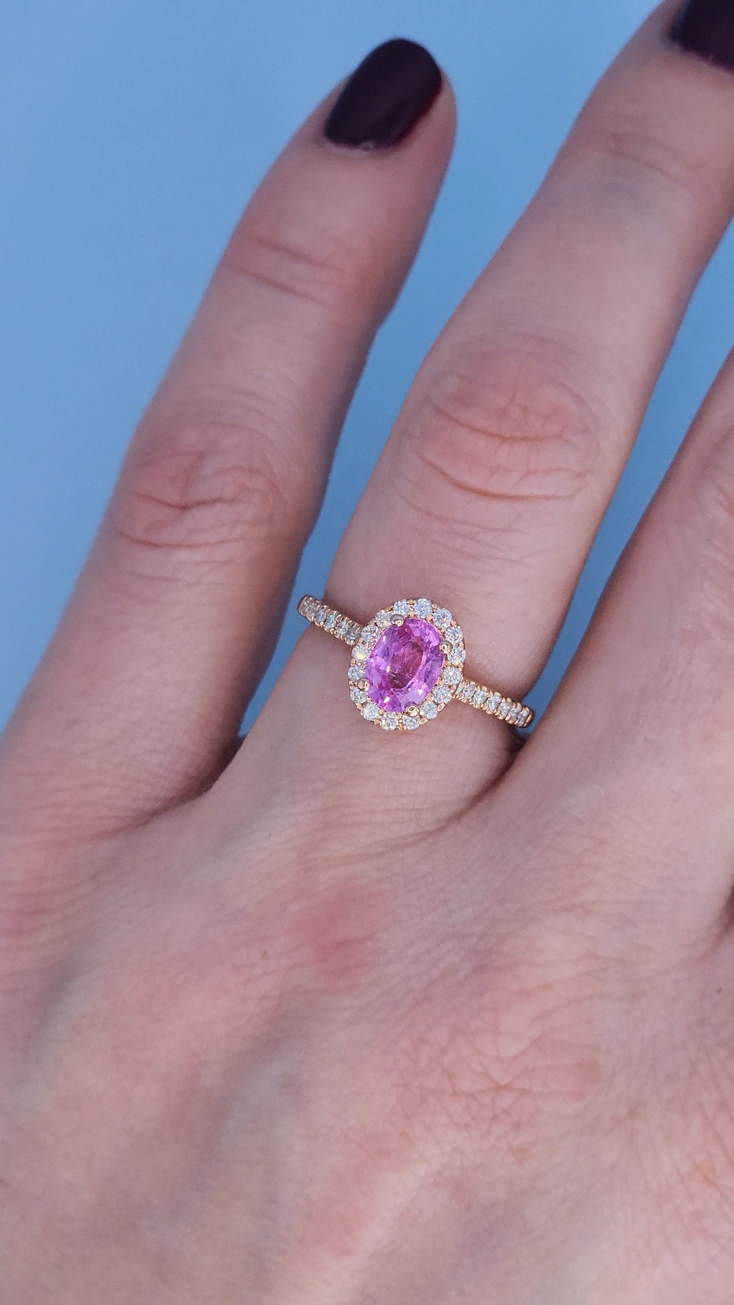 14k Rose Gold Pink Sapphire Halo Ring – Oval Cut 0.94 Carat September Birthstone Ring with Diamonds, Alternative Engagement Ring