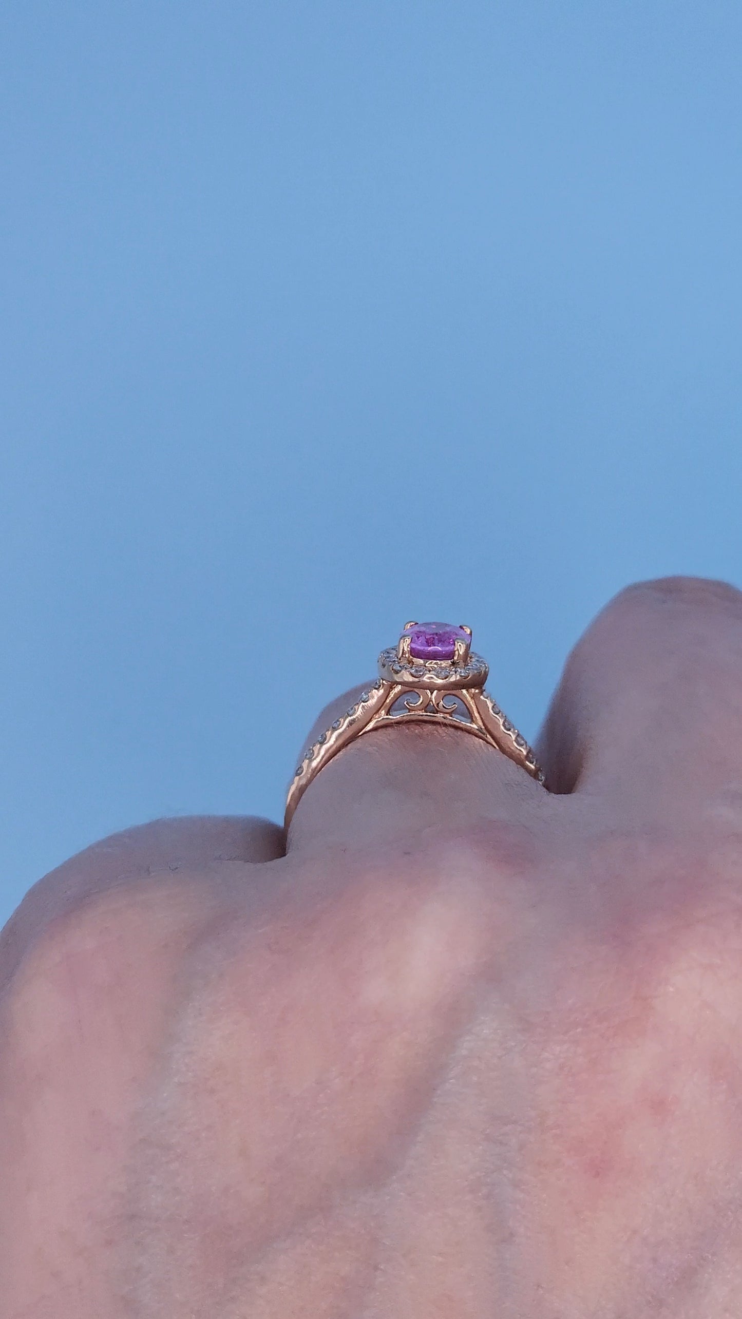 14k Rose Gold Pink Sapphire Halo Ring – Oval Cut 0.94 Carat September Birthstone Ring with Diamonds, Alternative Engagement Ring