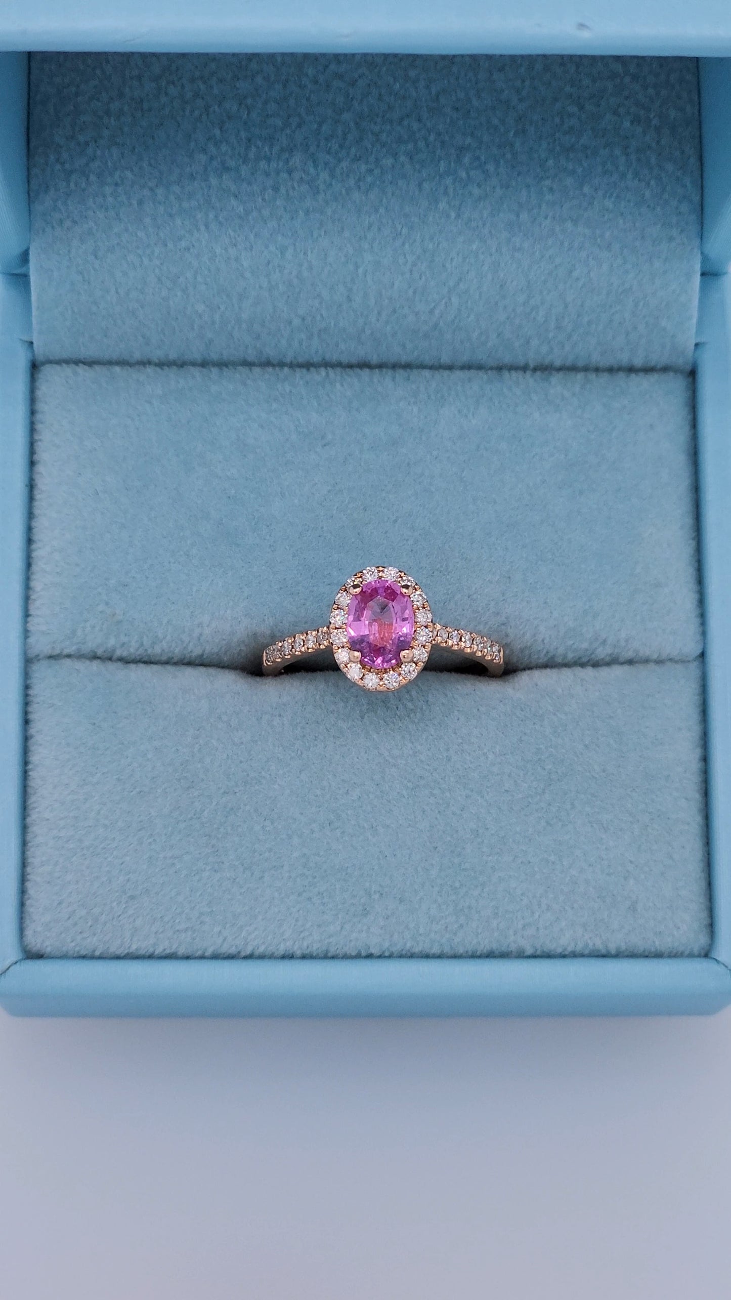 14k Rose Gold Pink Sapphire Halo Ring – Oval Cut 0.94 Carat September Birthstone Ring with Diamonds, Alternative Engagement Ring