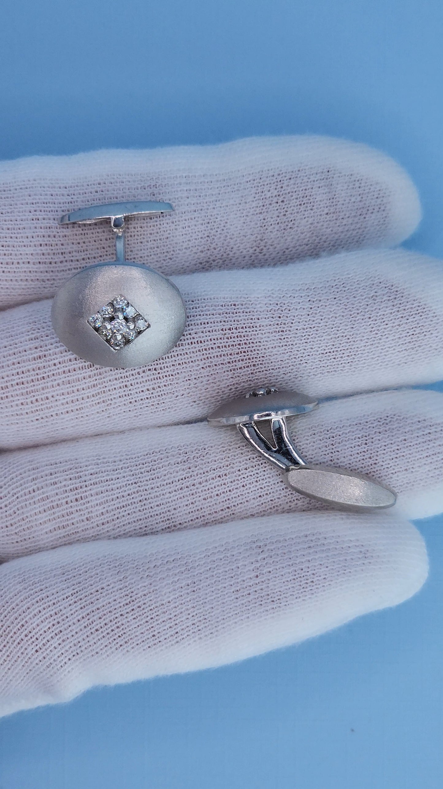 14k White Gold Oval Diamond Cufflinks 0.90 Carat Natural Cluster Diamonds, Brushed Finish, 10.3g Solid Gold