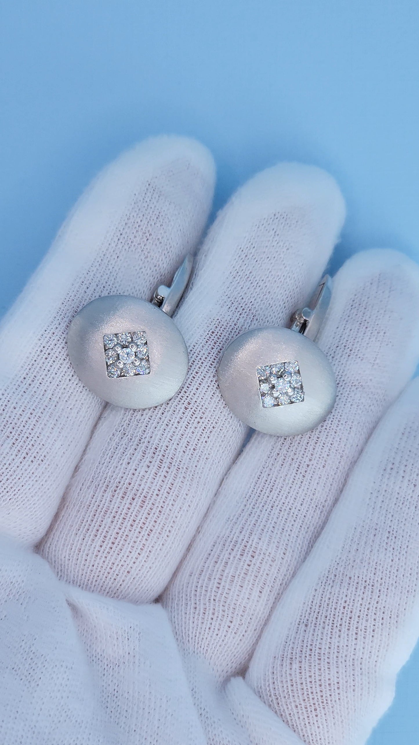 14k White Gold Oval Diamond Cufflinks 0.90 Carat Natural Cluster Diamonds, Brushed Finish, 10.3g Solid Gold