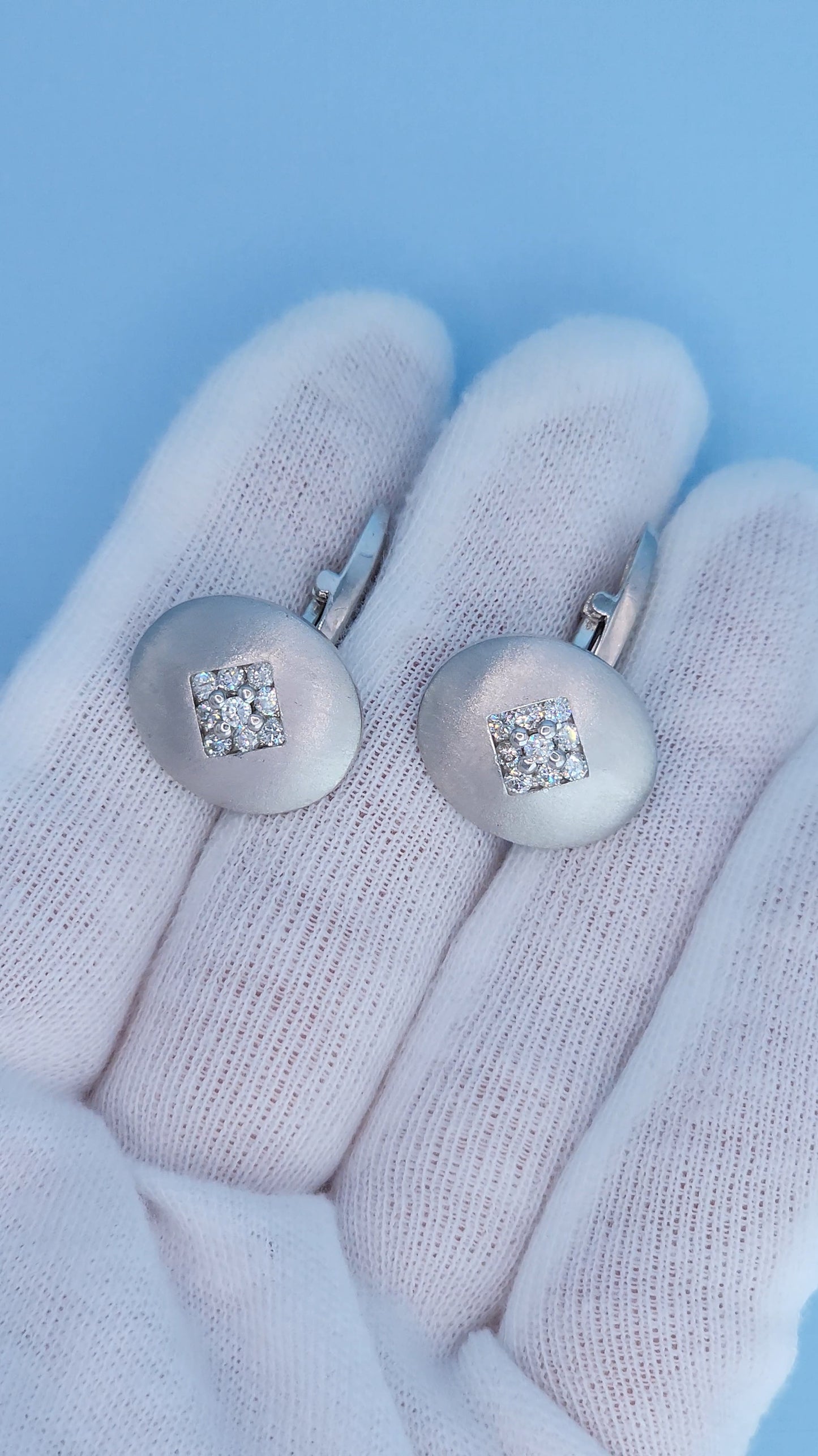 14k White Gold Oval Diamond Cufflinks 0.90 Carat Natural Cluster Diamonds, Brushed Finish, 10.3g Solid Gold