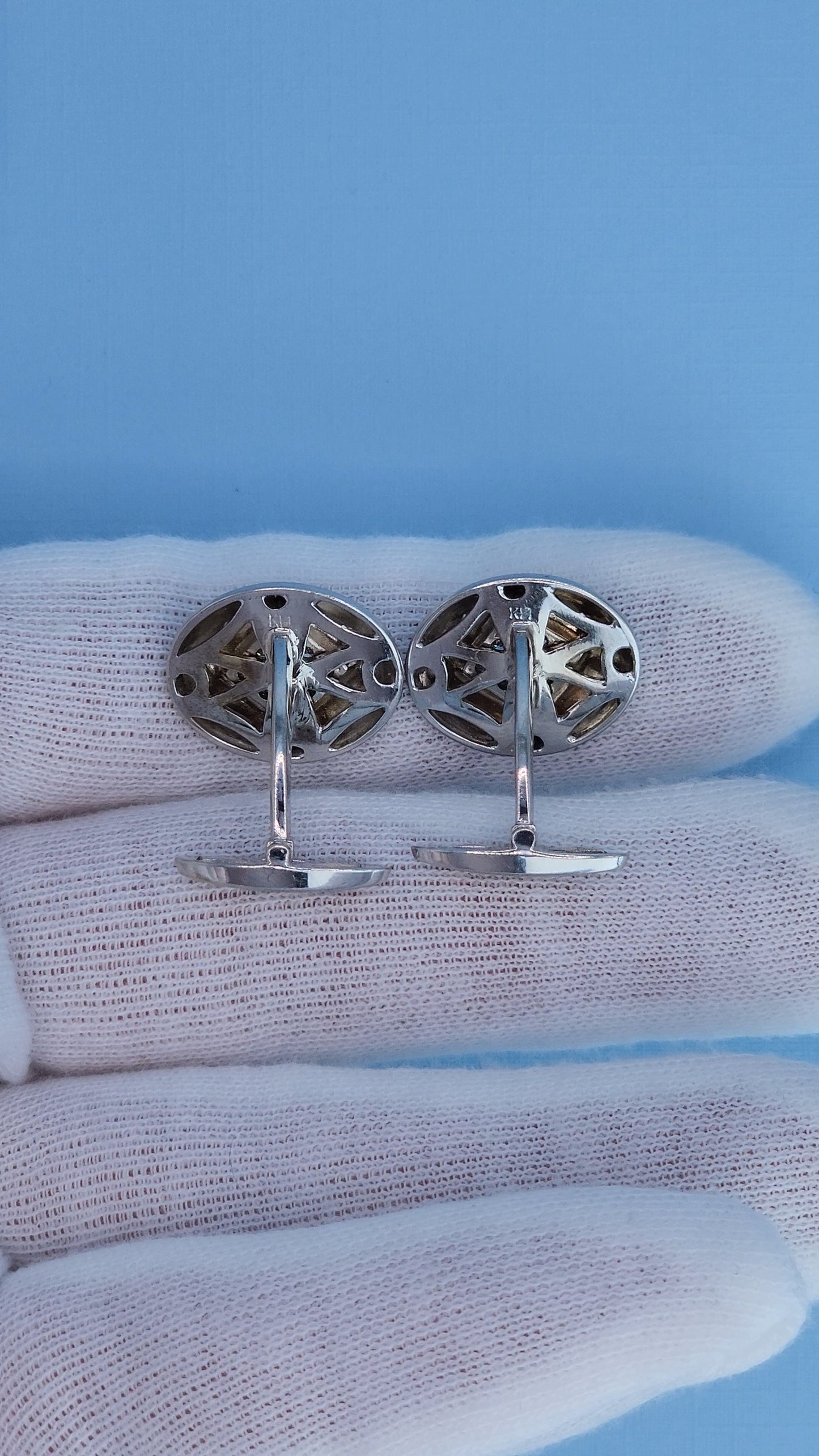 14k White Gold Oval Diamond Cufflinks 0.90 Carat Natural Cluster Diamonds, Brushed Finish, 10.3g Solid Gold
