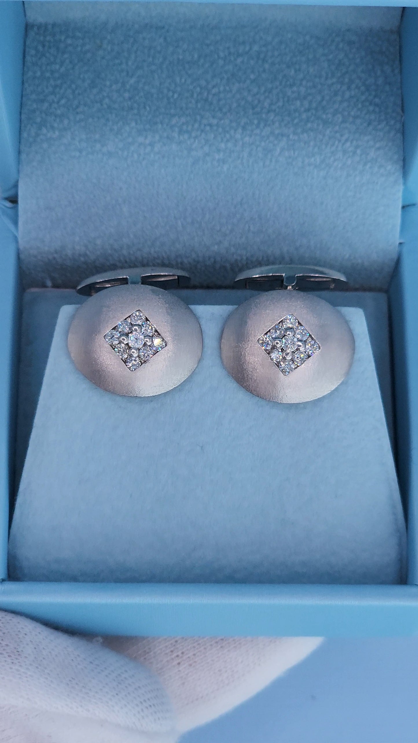 14k White Gold Oval Diamond Cufflinks 0.90 Carat Natural Cluster Diamonds, Brushed Finish, 10.3g Solid Gold