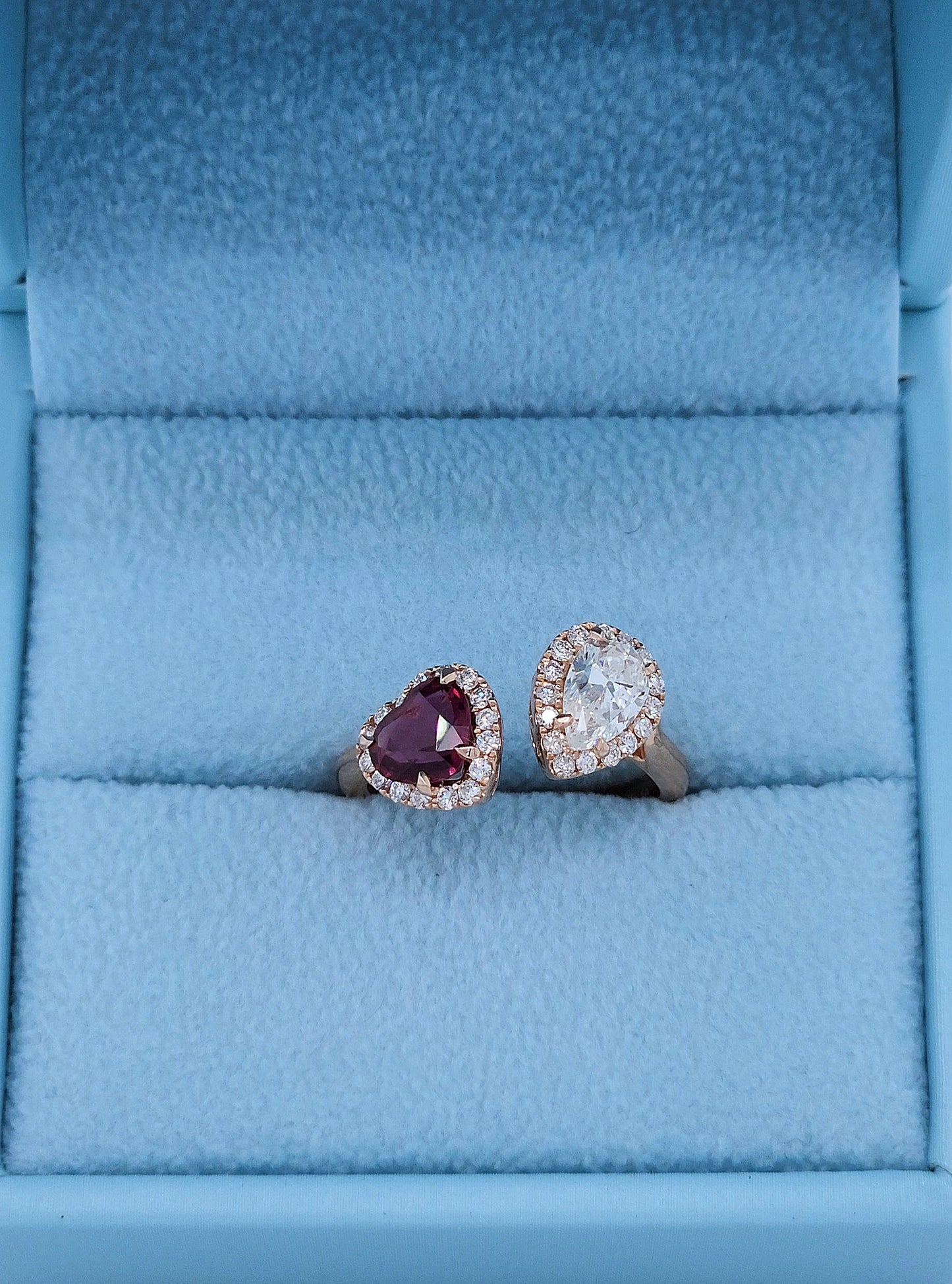 14k Rose Gold Toi et Moi Ring with Pear Diamond and Heart Red Spinel, Halo Design, Natural Diamonds, Unique Engagement or Gift Ring