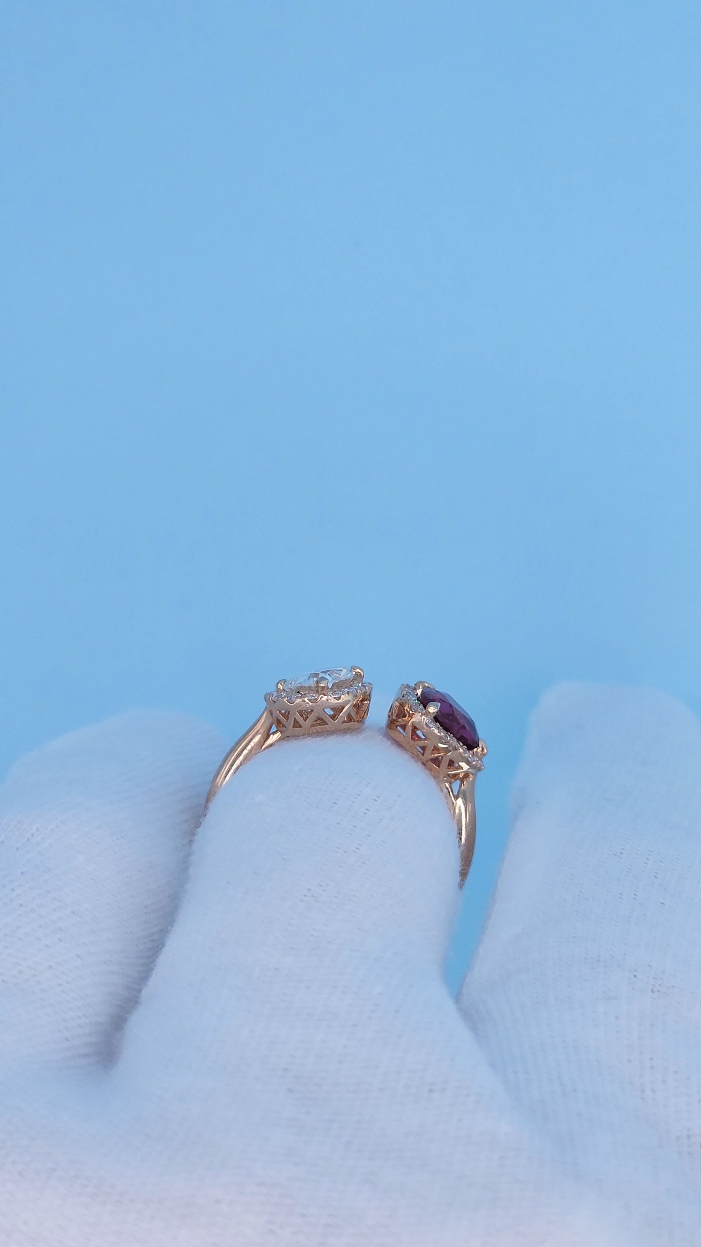 14k Rose Gold Toi et Moi Ring with Pear Diamond and Heart Red Spinel, Halo Design, Natural Diamonds, Unique Engagement or Gift Ring