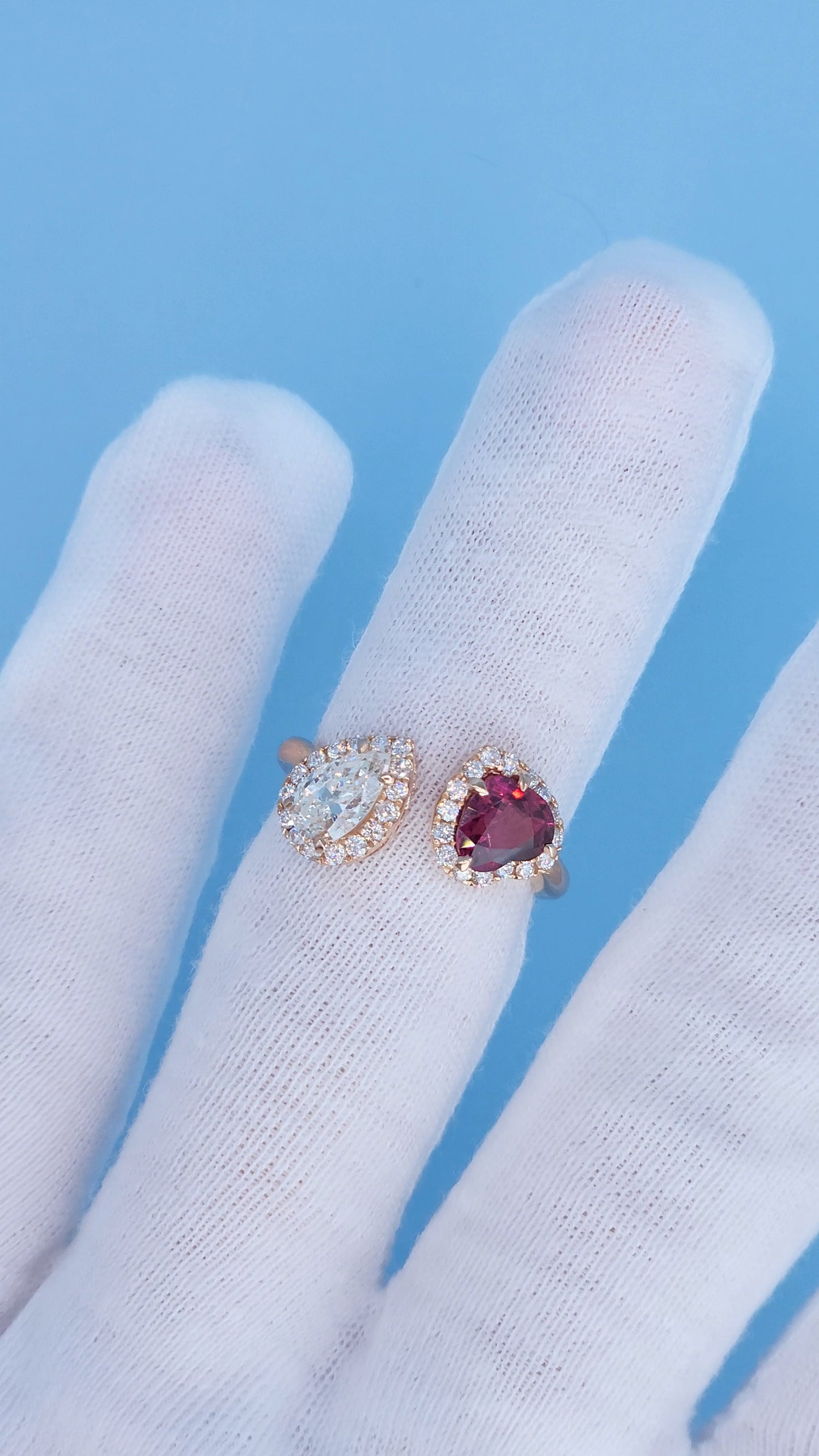 14k Rose Gold Toi et Moi Ring with Pear Diamond and Heart Red Spinel, Halo Design, Natural Diamonds, Unique Engagement or Gift Ring