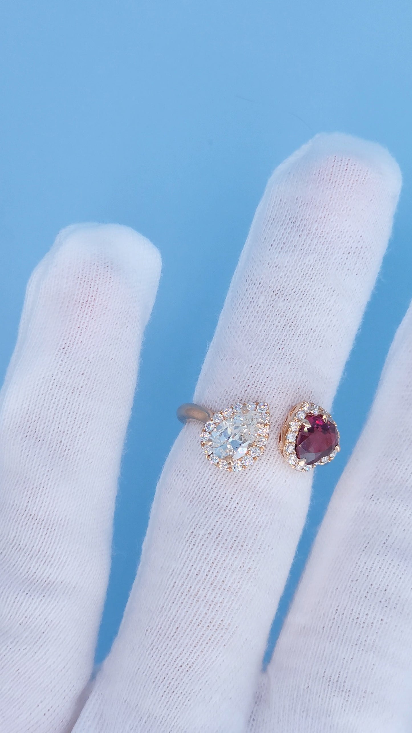 14k Rose Gold Toi et Moi Ring with Pear Diamond and Heart Red Spinel, Halo Design, Natural Diamonds, Unique Engagement or Gift Ring