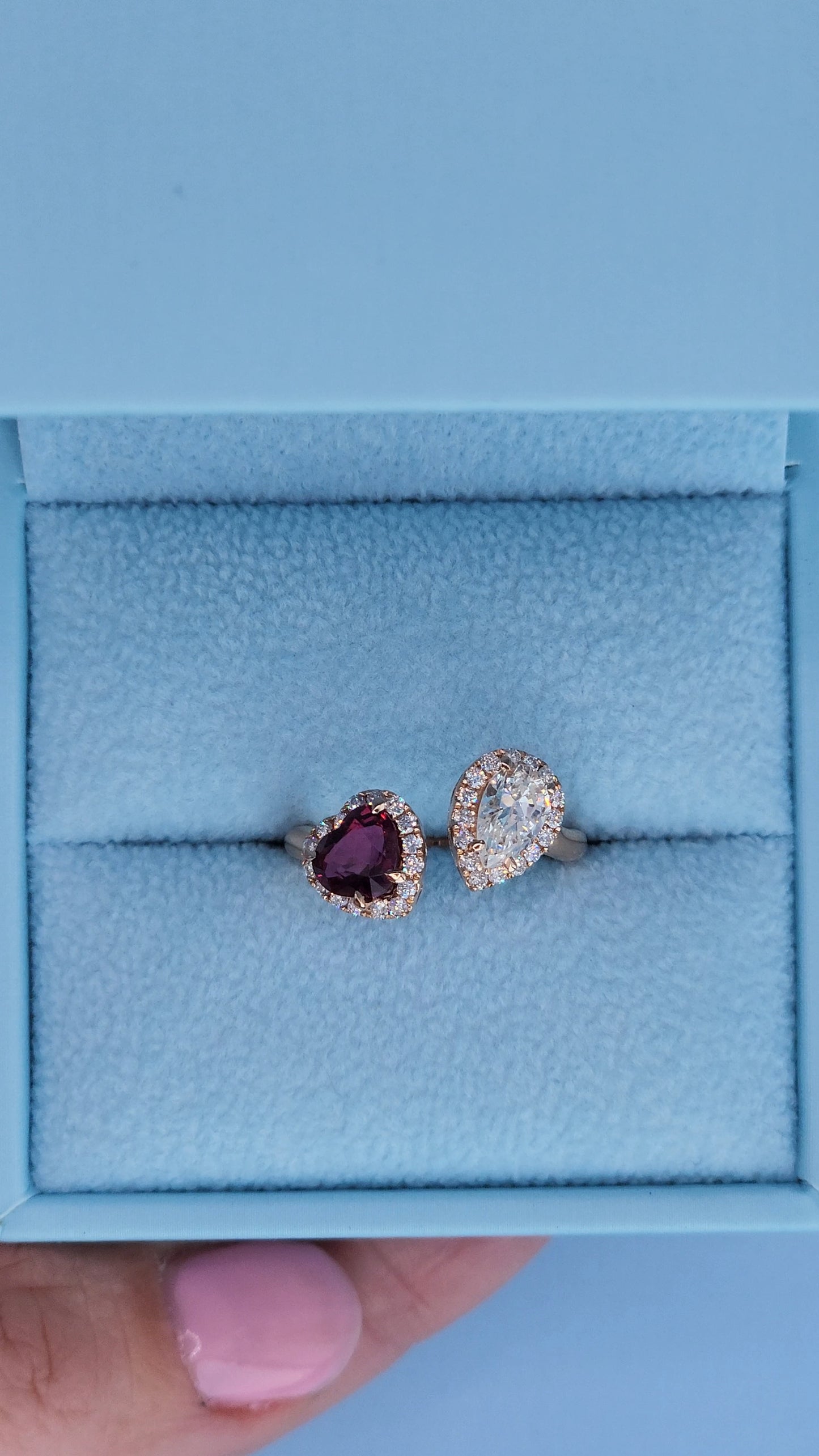 14k Rose Gold Toi et Moi Ring with Pear Diamond and Heart Red Spinel, Halo Design, Natural Diamonds, Unique Engagement or Gift Ring