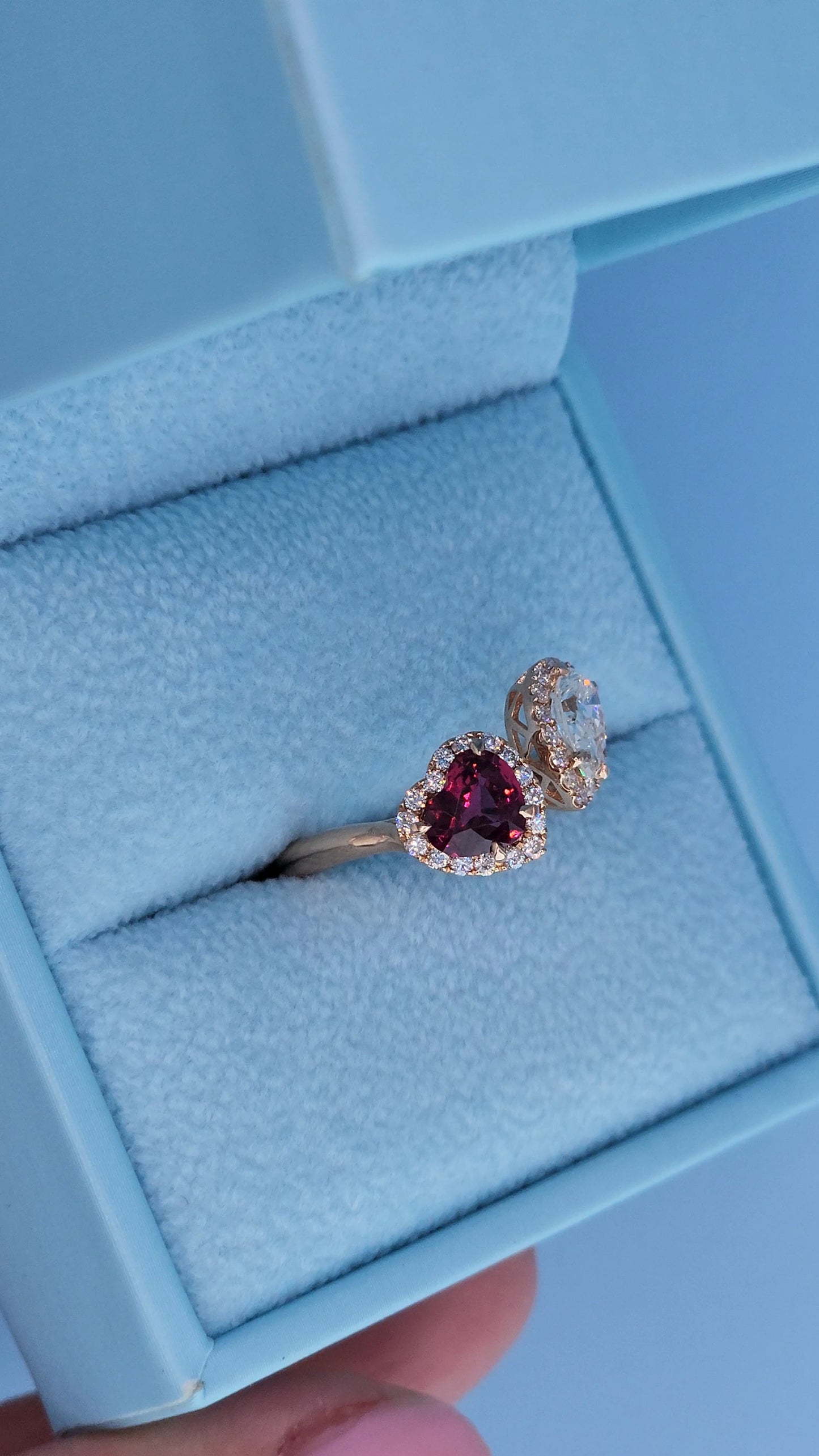 14k Rose Gold Toi et Moi Ring with Pear Diamond and Heart Red Spinel, Halo Design, Natural Diamonds, Unique Engagement or Gift Ring