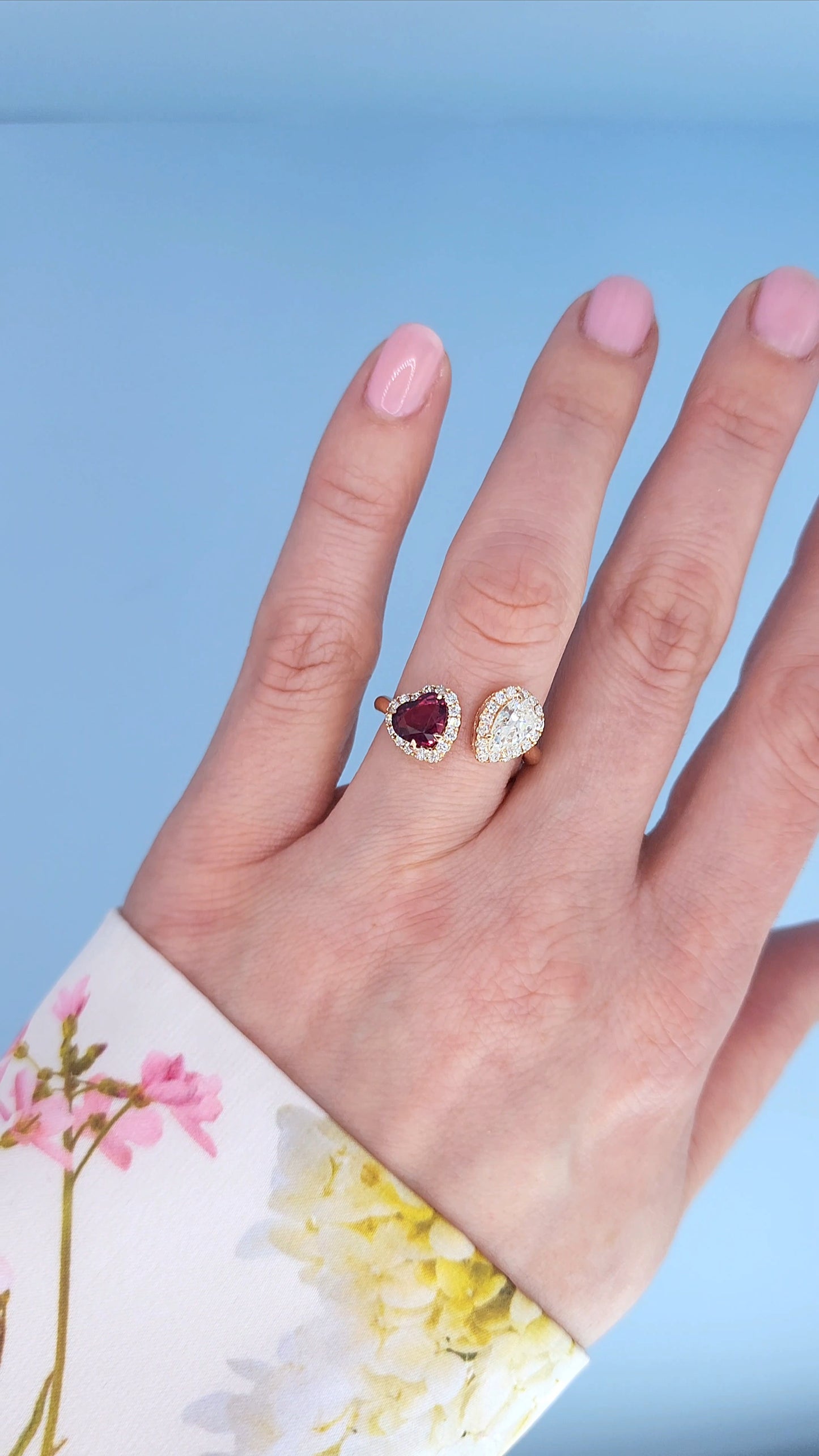 14k Rose Gold Toi et Moi Ring with Pear Diamond and Heart Red Spinel, Halo Design, Natural Diamonds, Unique Engagement or Gift Ring