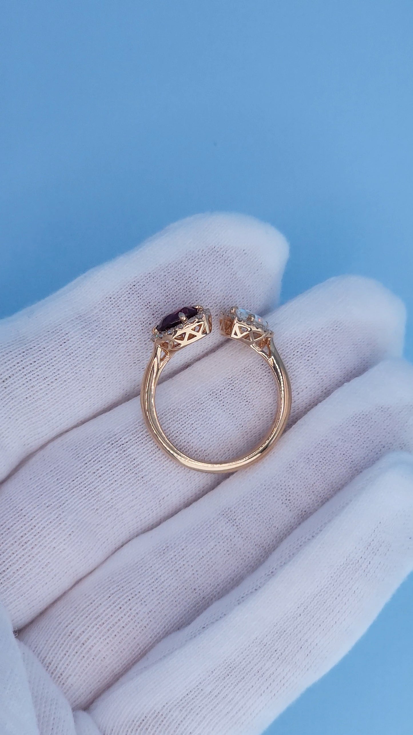 14k Rose Gold Toi et Moi Ring with Pear Diamond and Heart Red Spinel, Halo Design, Natural Diamonds, Unique Engagement or Gift Ring