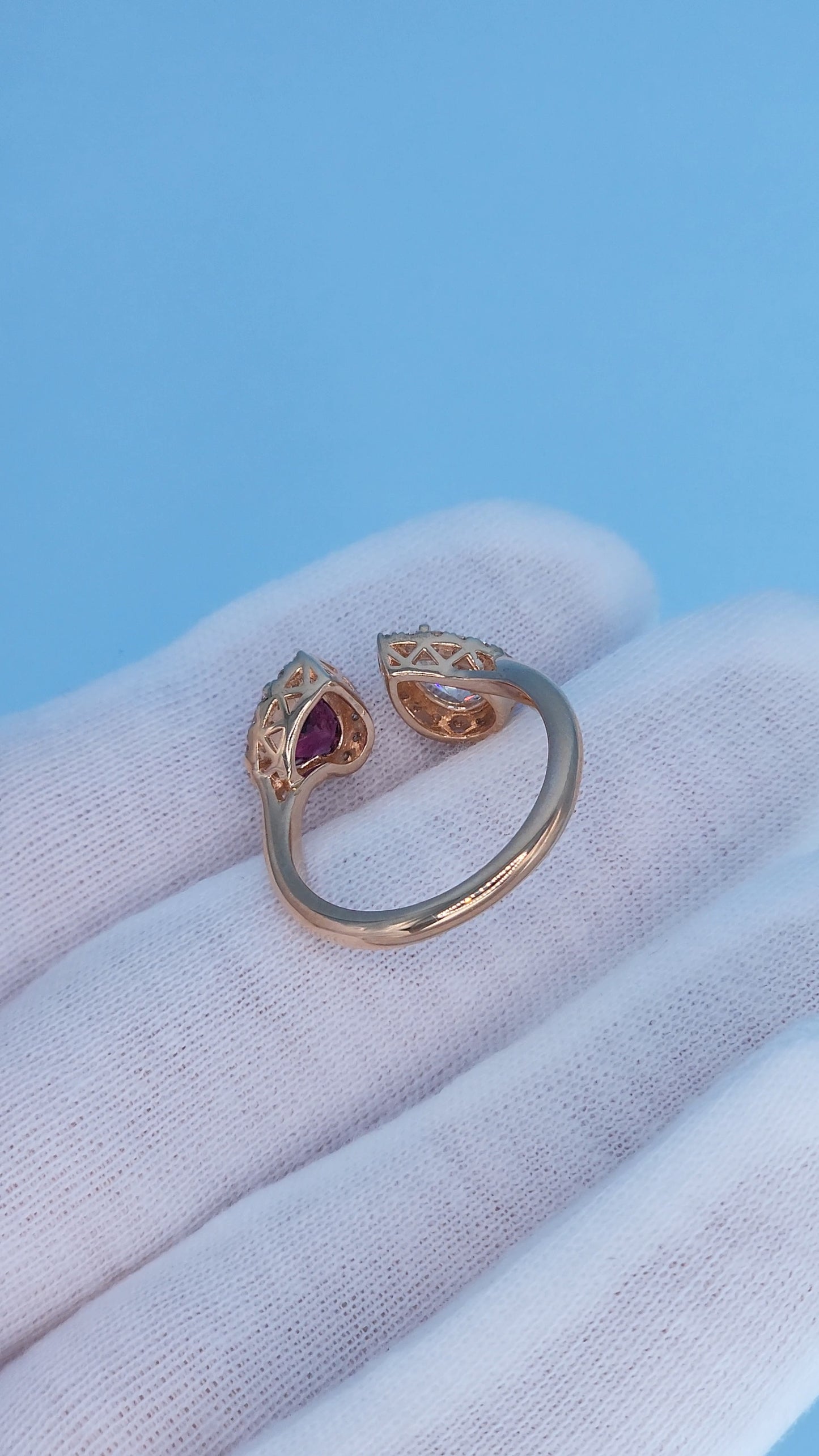 14k Rose Gold Toi et Moi Ring with Pear Diamond and Heart Red Spinel, Halo Design, Natural Diamonds, Unique Engagement or Gift Ring