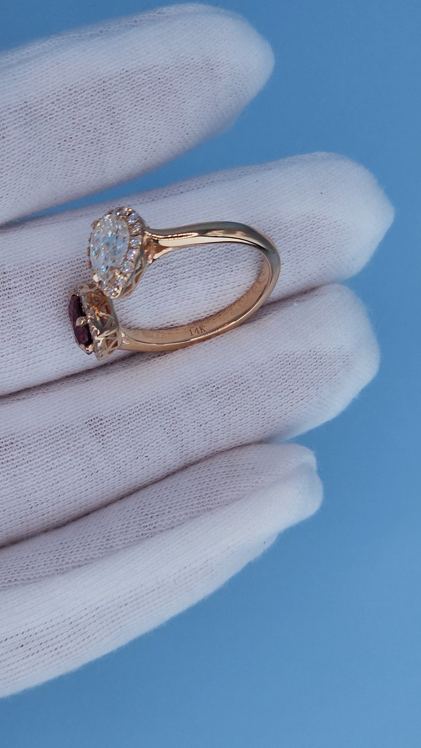 14k Rose Gold Toi et Moi Ring with Pear Diamond and Heart Red Spinel, Halo Design, Natural Diamonds, Unique Engagement or Gift Ring